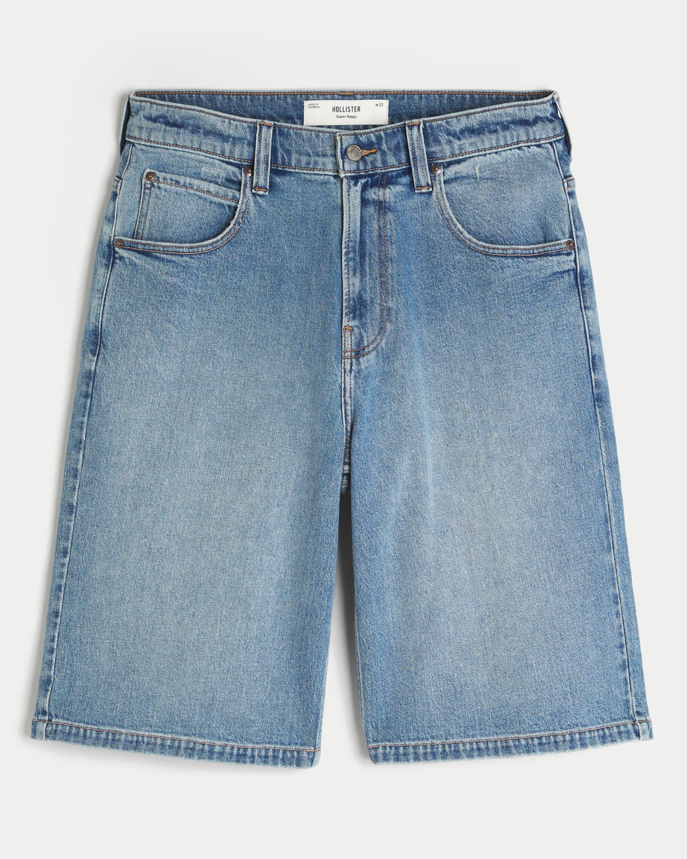 Hollister Medium Wash Super Baggy Denim Shorts in Blue for Men