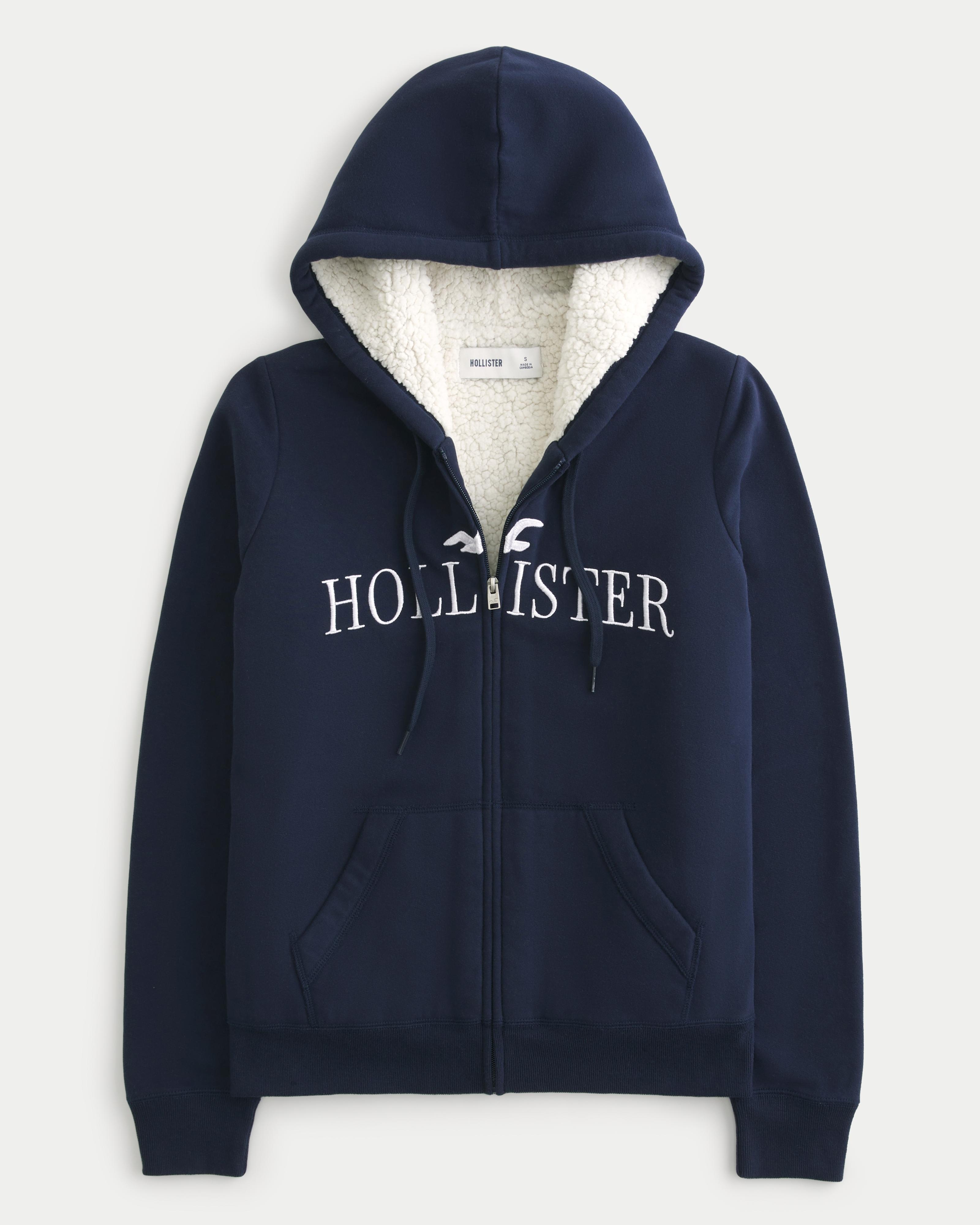 Hollister Oversized Faux Shearling lined Logo Graphic Hoodie in Blue Lyst UK