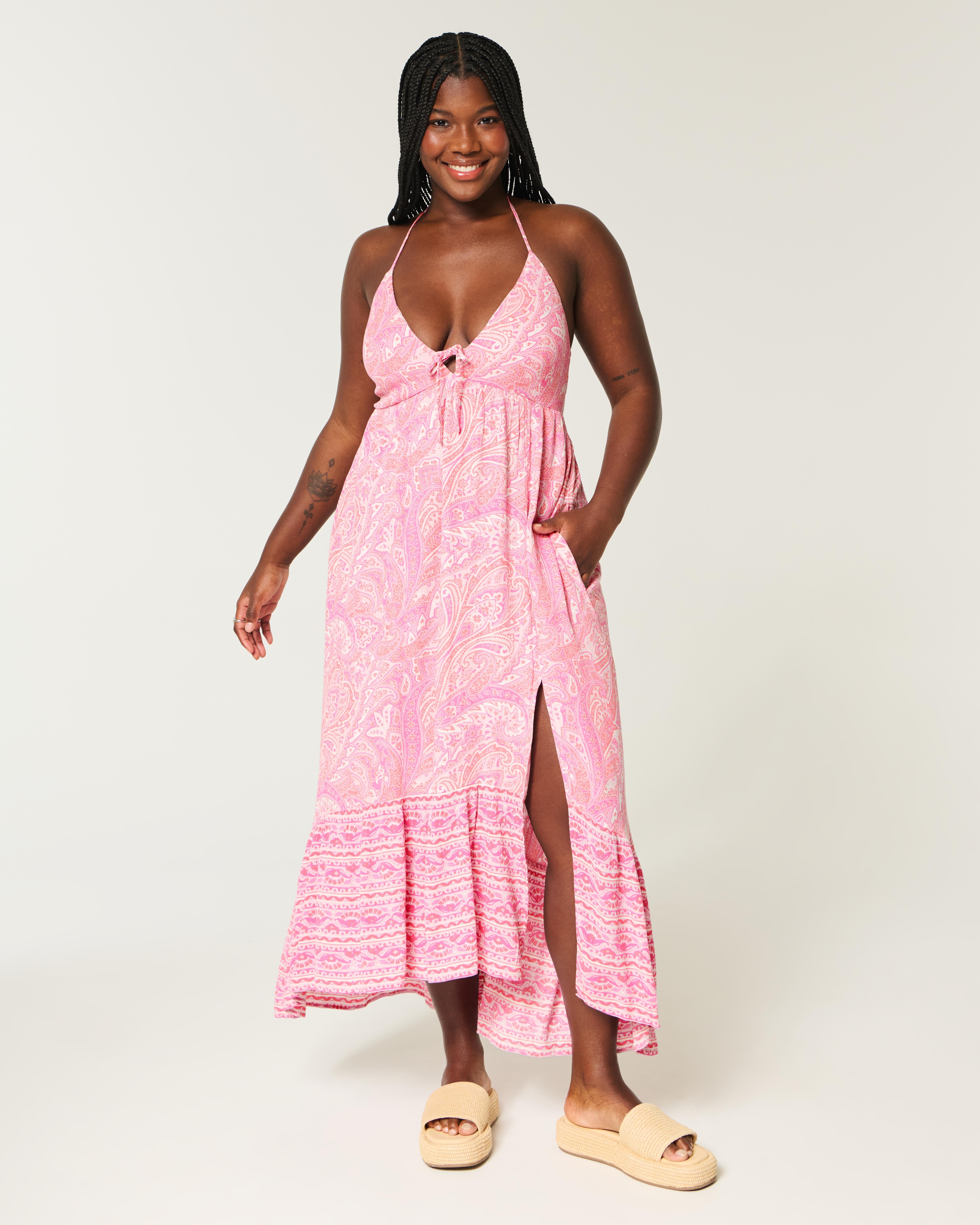 Hollister Asymmetrical Hem Halter Maxi Dress in Pink | Lyst UK