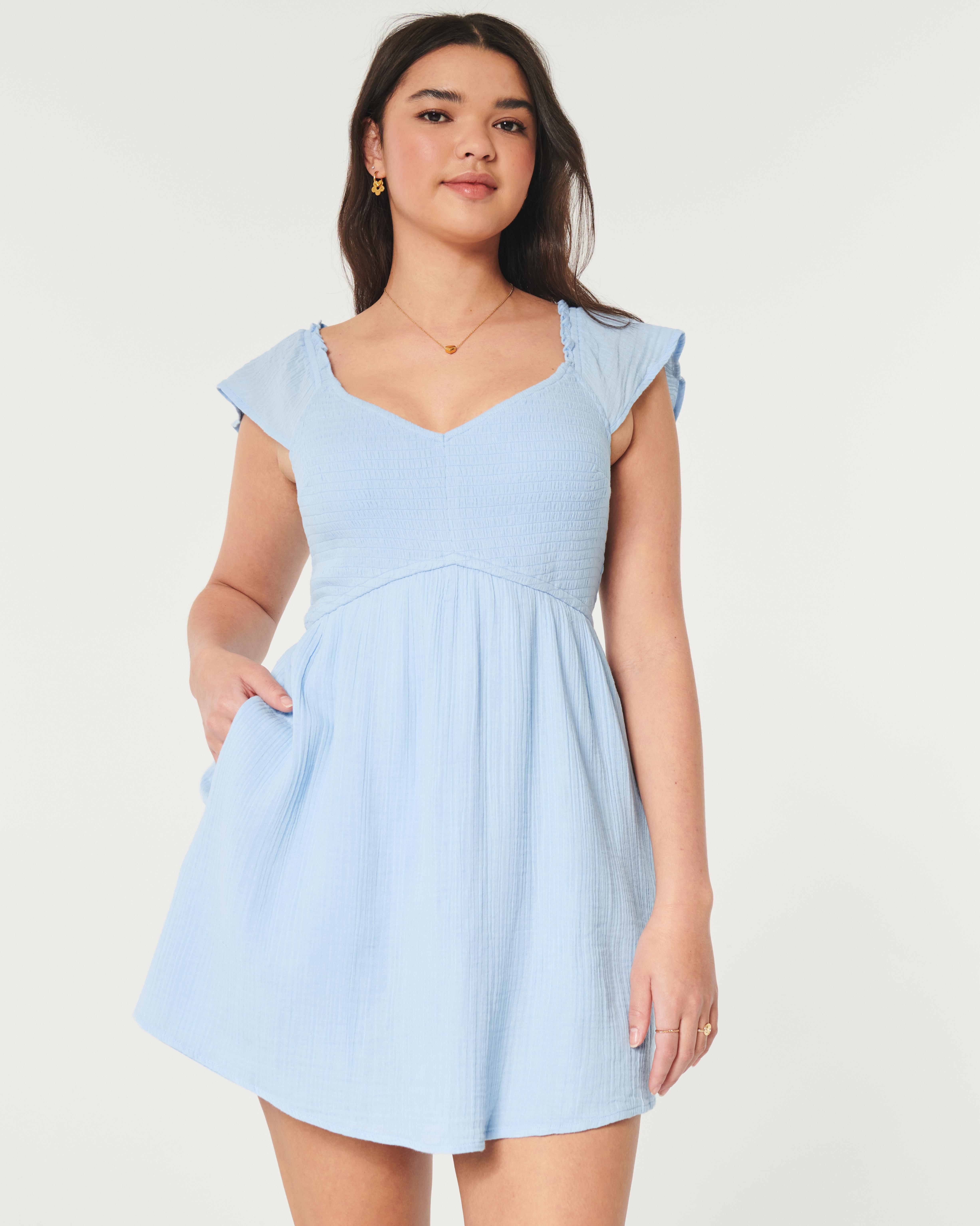 hollister light blue dress Hollister Women's Milkmaid Drop Waist Button Detail Sleeveless Mini Dress - Blue