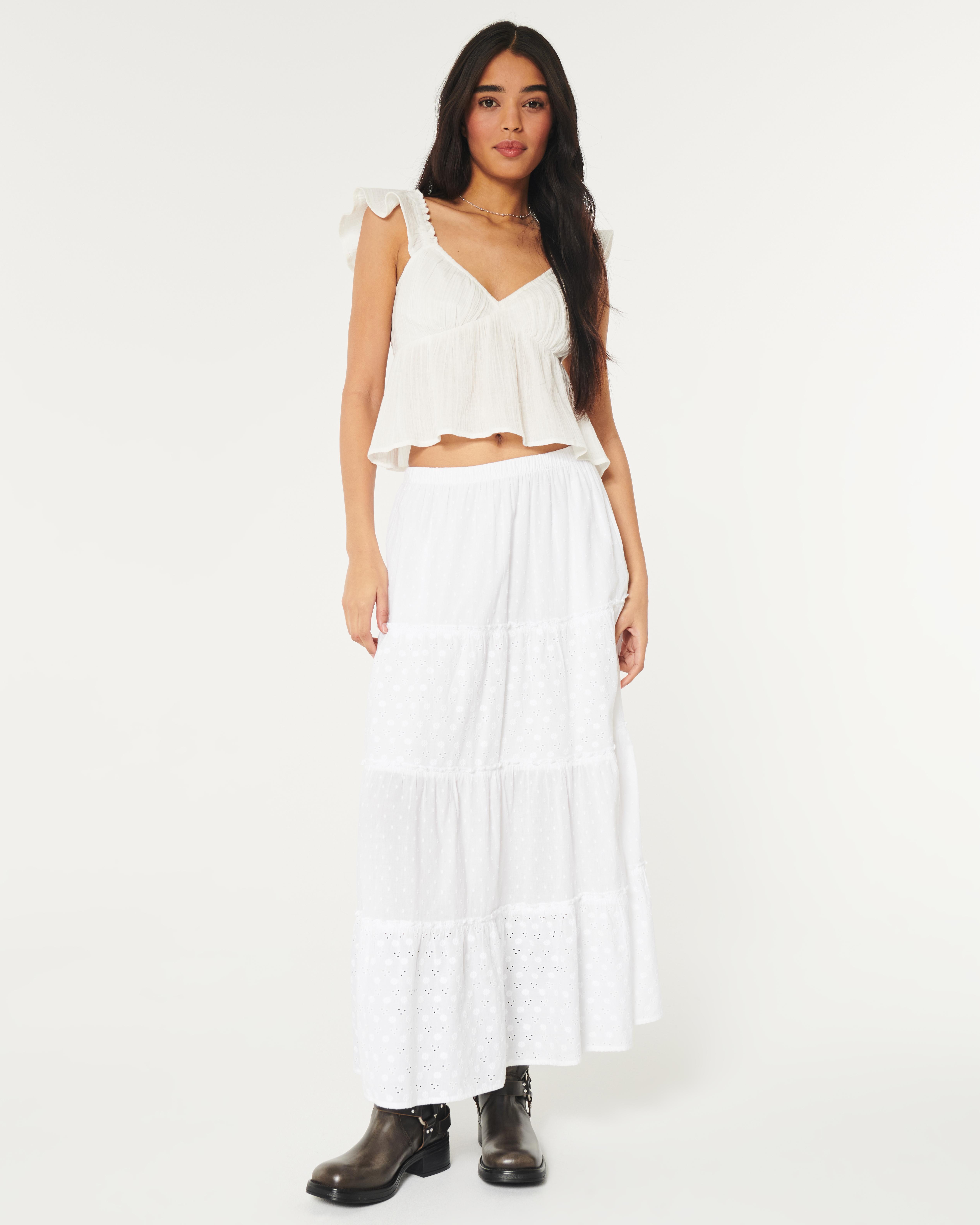 Hollister Tiered Eyelet Maxi Skirt in White Lyst UK