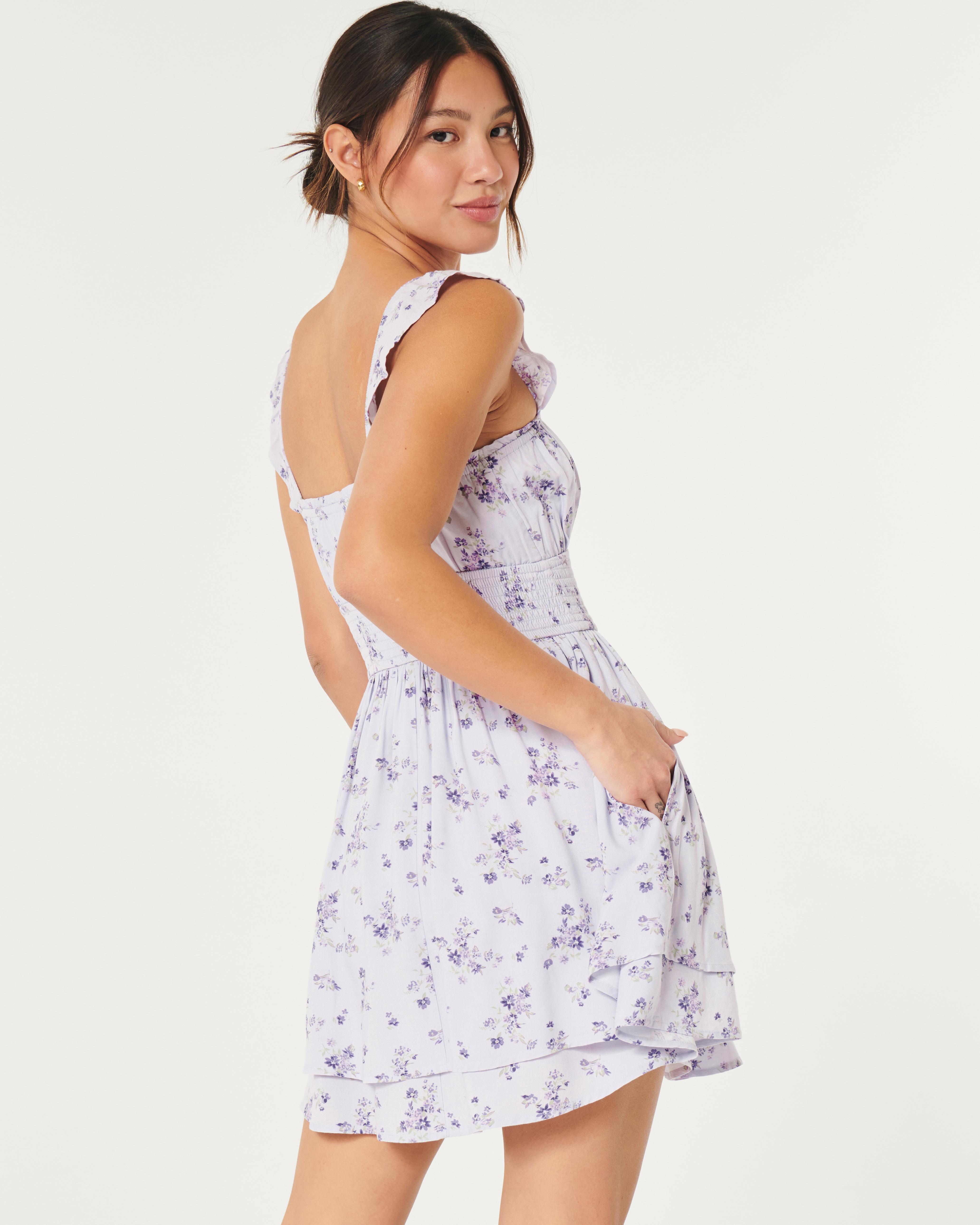 hollister purple dress Women's Long-Sleeve Crochet-Style Mini Dress in Dusty Lavender Size S from Hollister