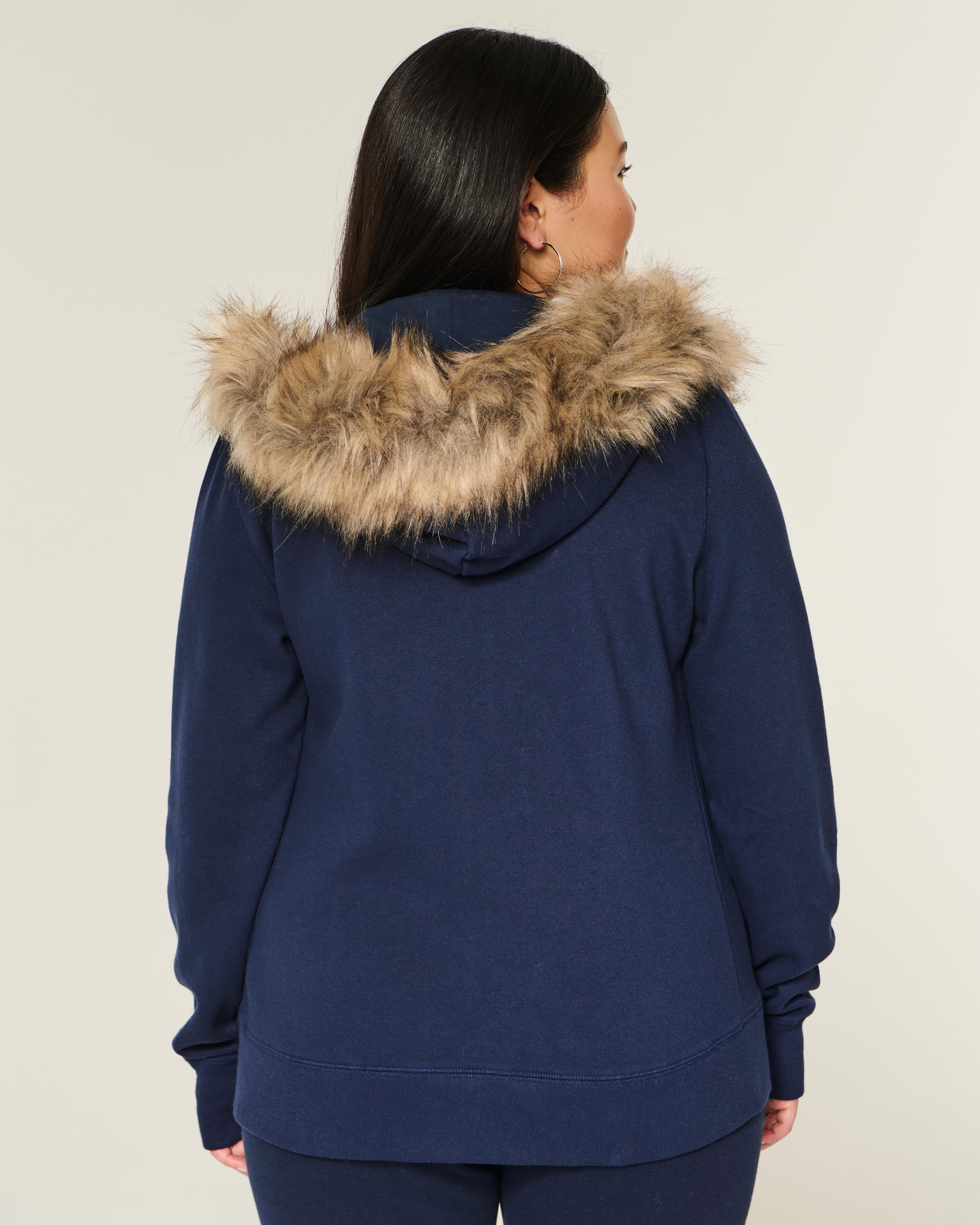 Hollister Faux Fur Trim Zip-up Hoodie in Blue | Lyst UK