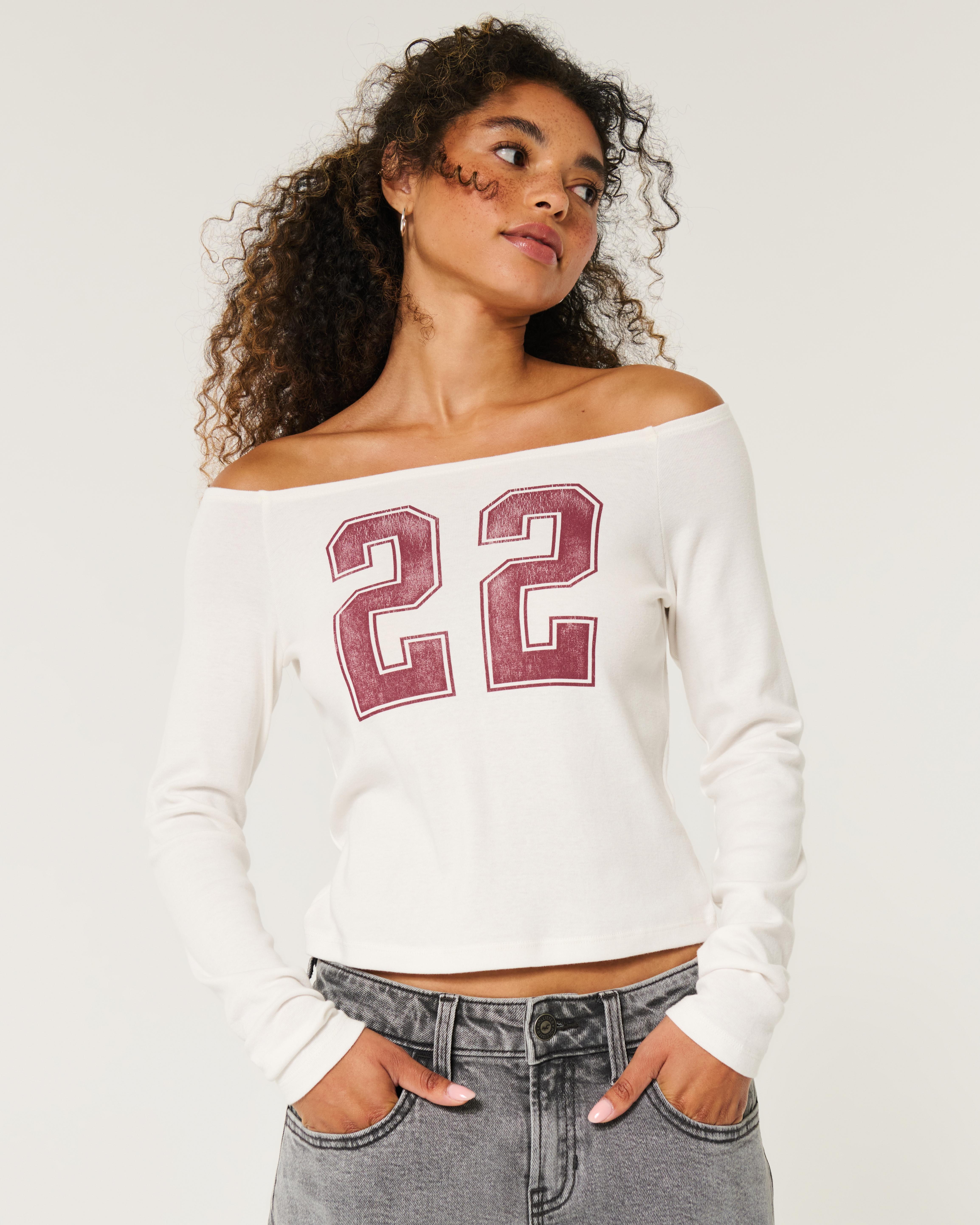Hollister Long-sleeve Off-the-shoulder Athletic Graphic Baby Tee