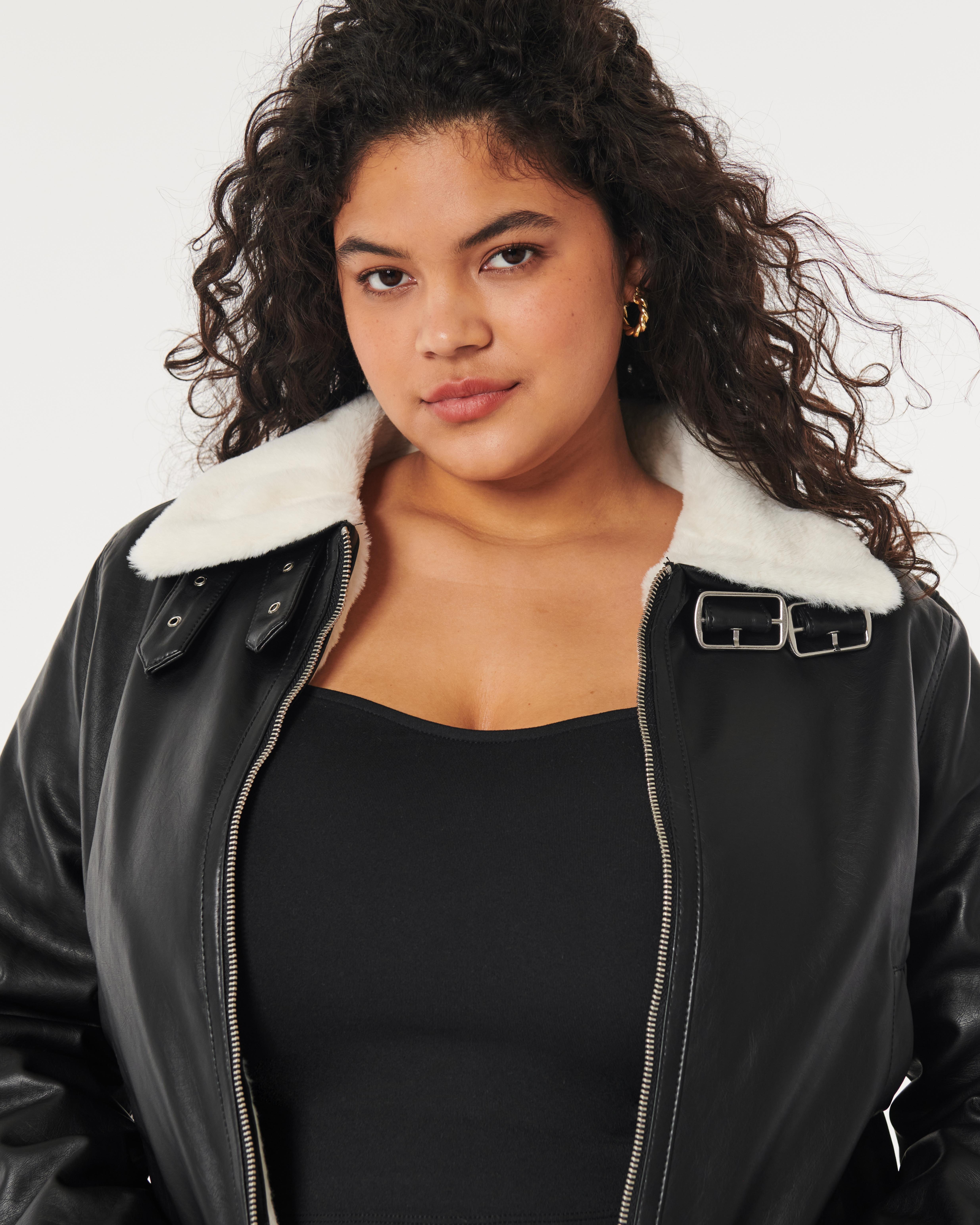 Hollister Faux Fur-lined Vegan Leather Crop Biker Jacket in Black