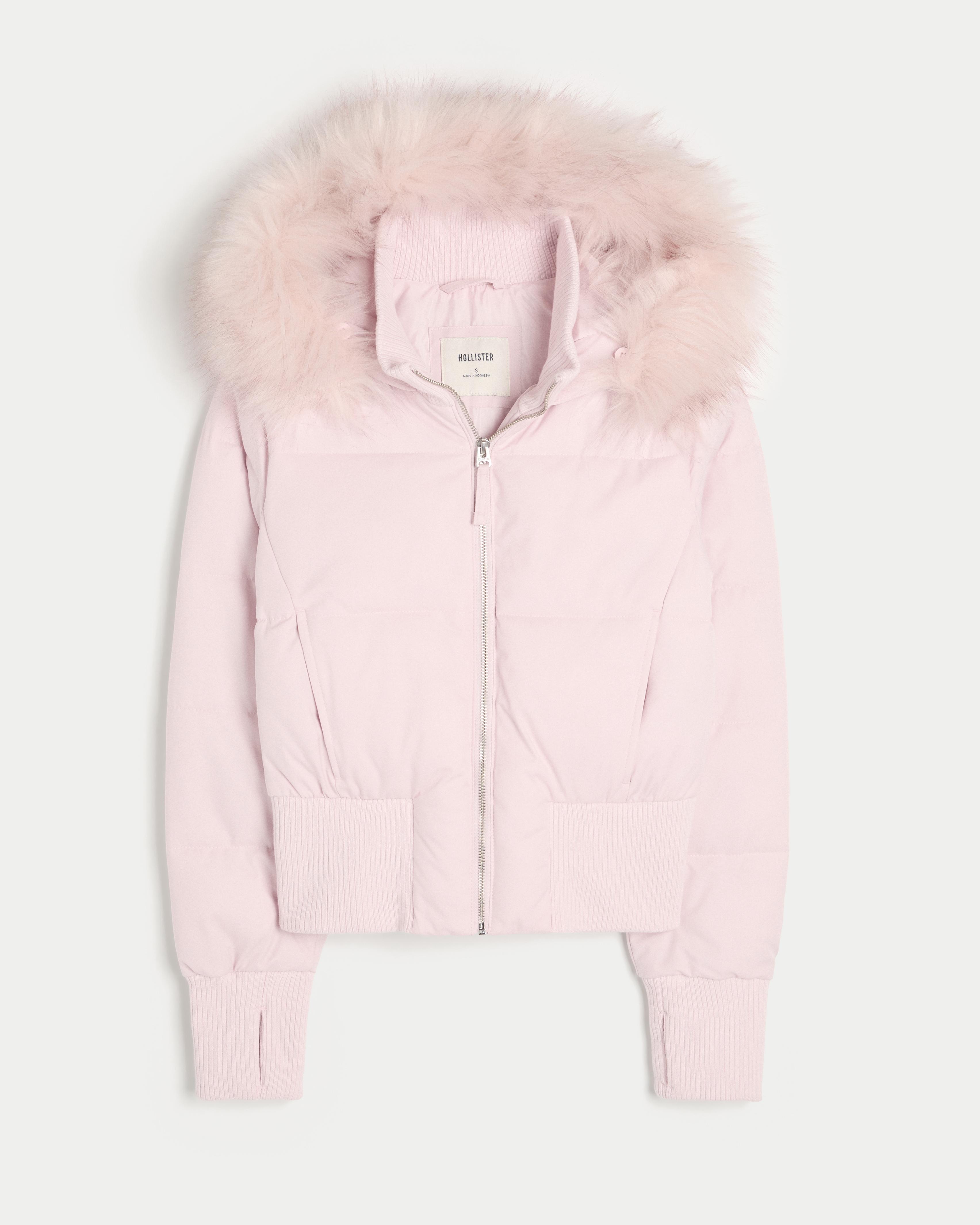 Hollister Faux Fur Trim Puffer Bomber Jacket in Pink Lyst UK