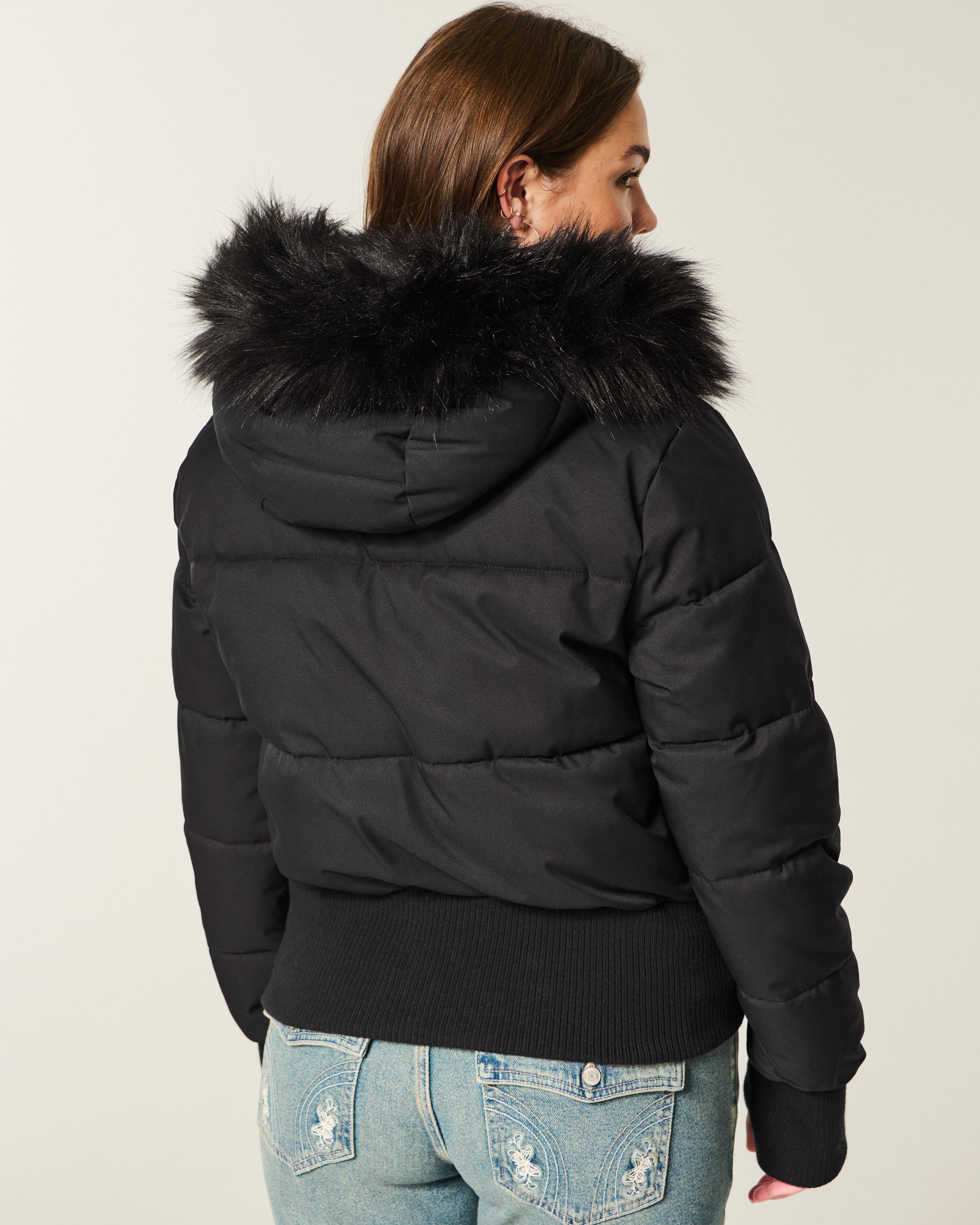 Hollister Faux Fur Trim Puffer Bomber Jacket in Black Lyst UK