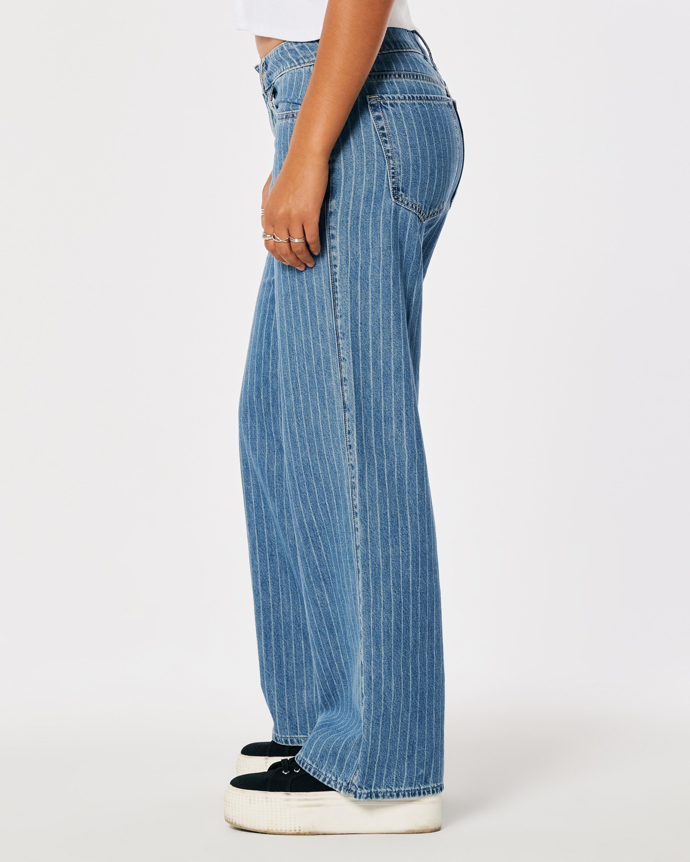 Women's Lightweight Low-Rise Medium Wash Striped Baggy Jeans