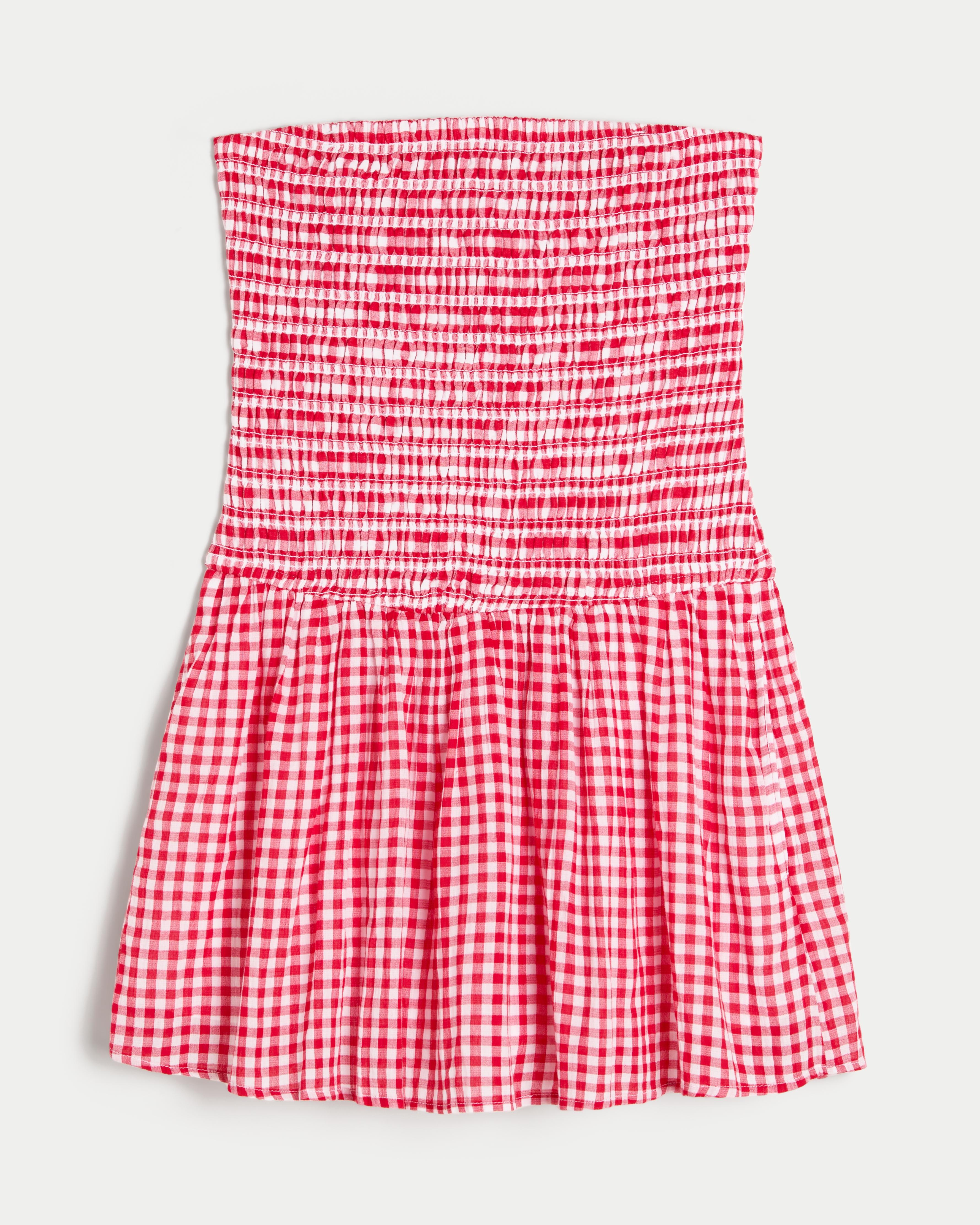 hollister red gingham dress Women's Strapless Smocked Bodice Mini Dress | Women's Clearance