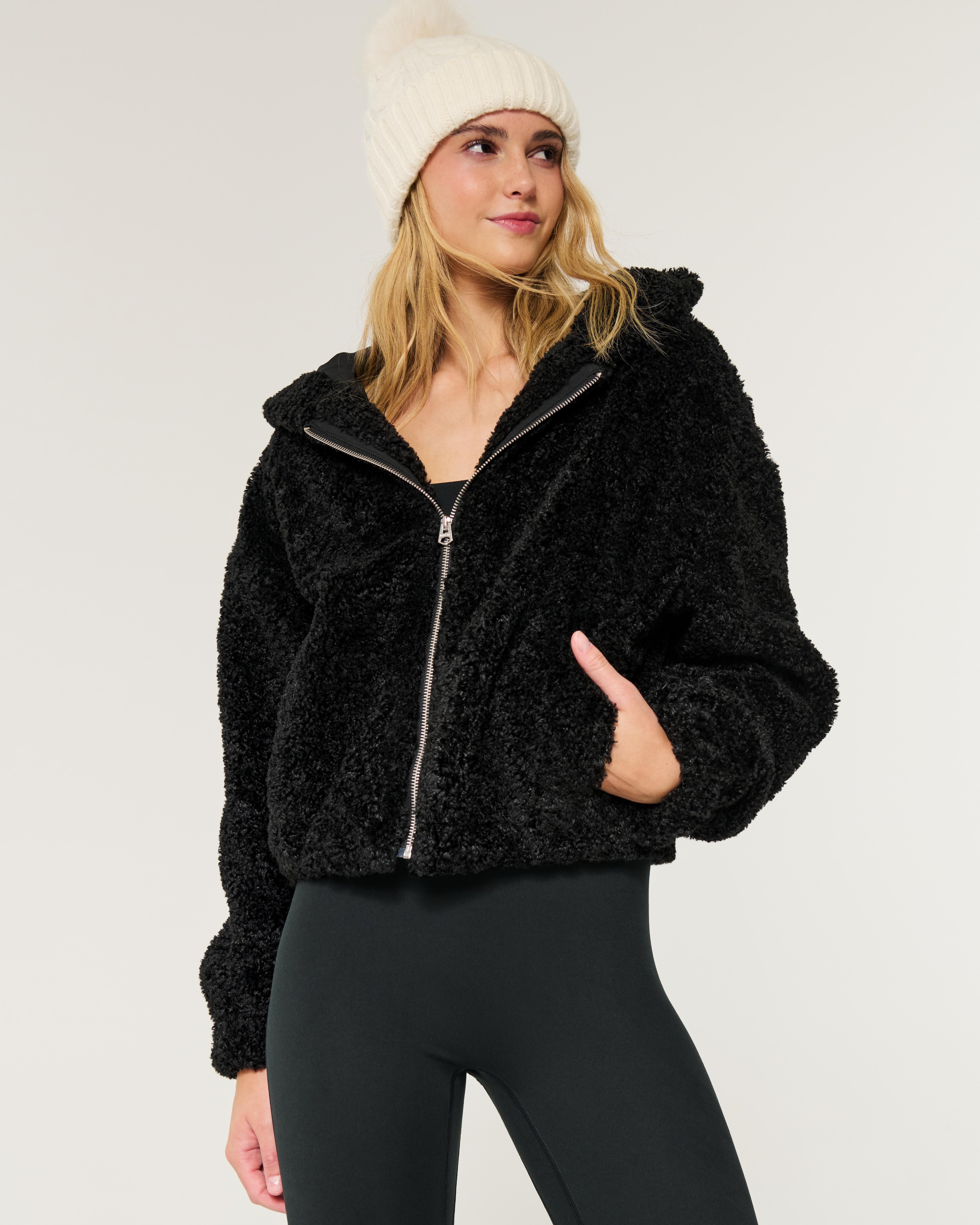 Black faux fur zip up jacket sale