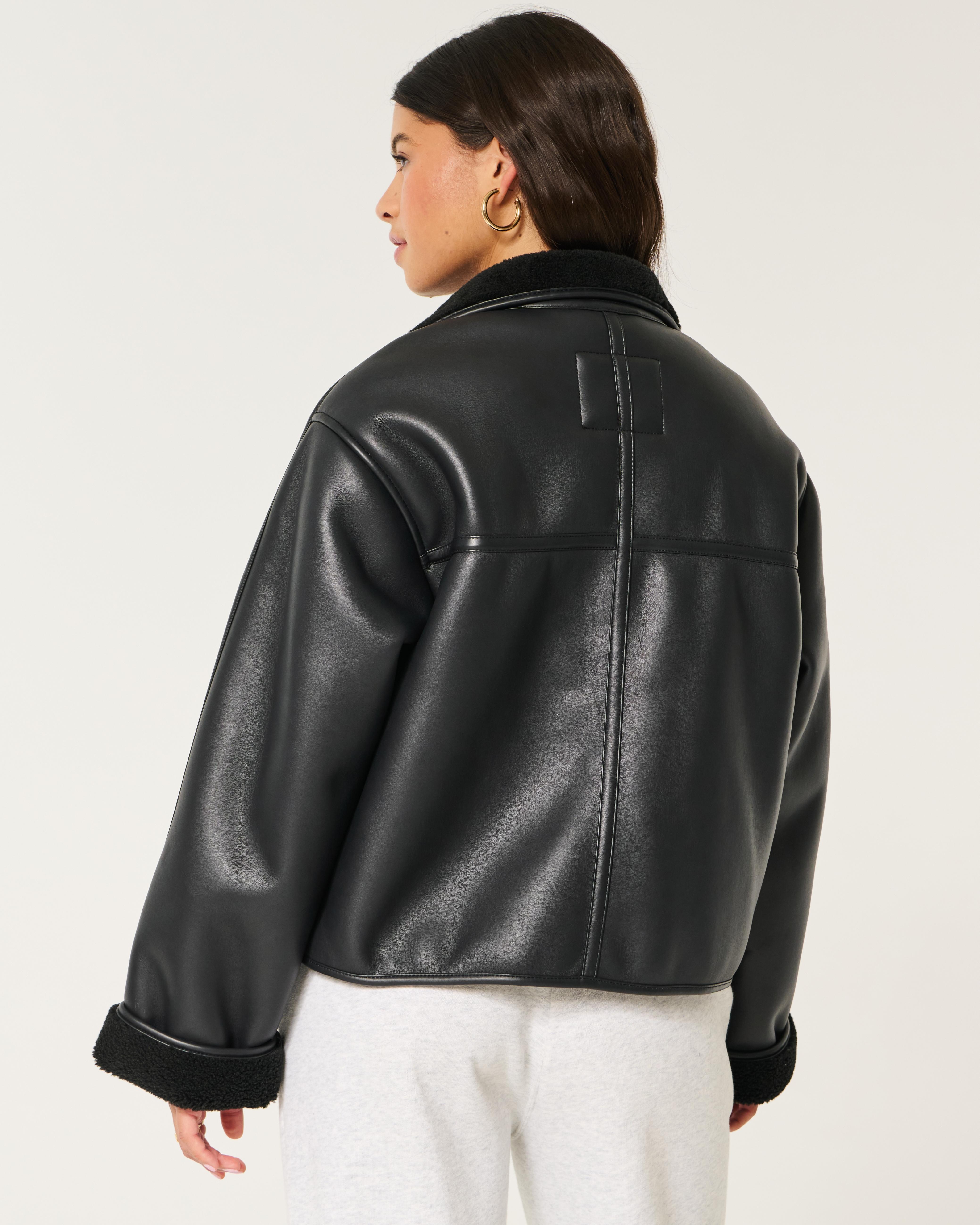 Black leather sherpa jacket sales