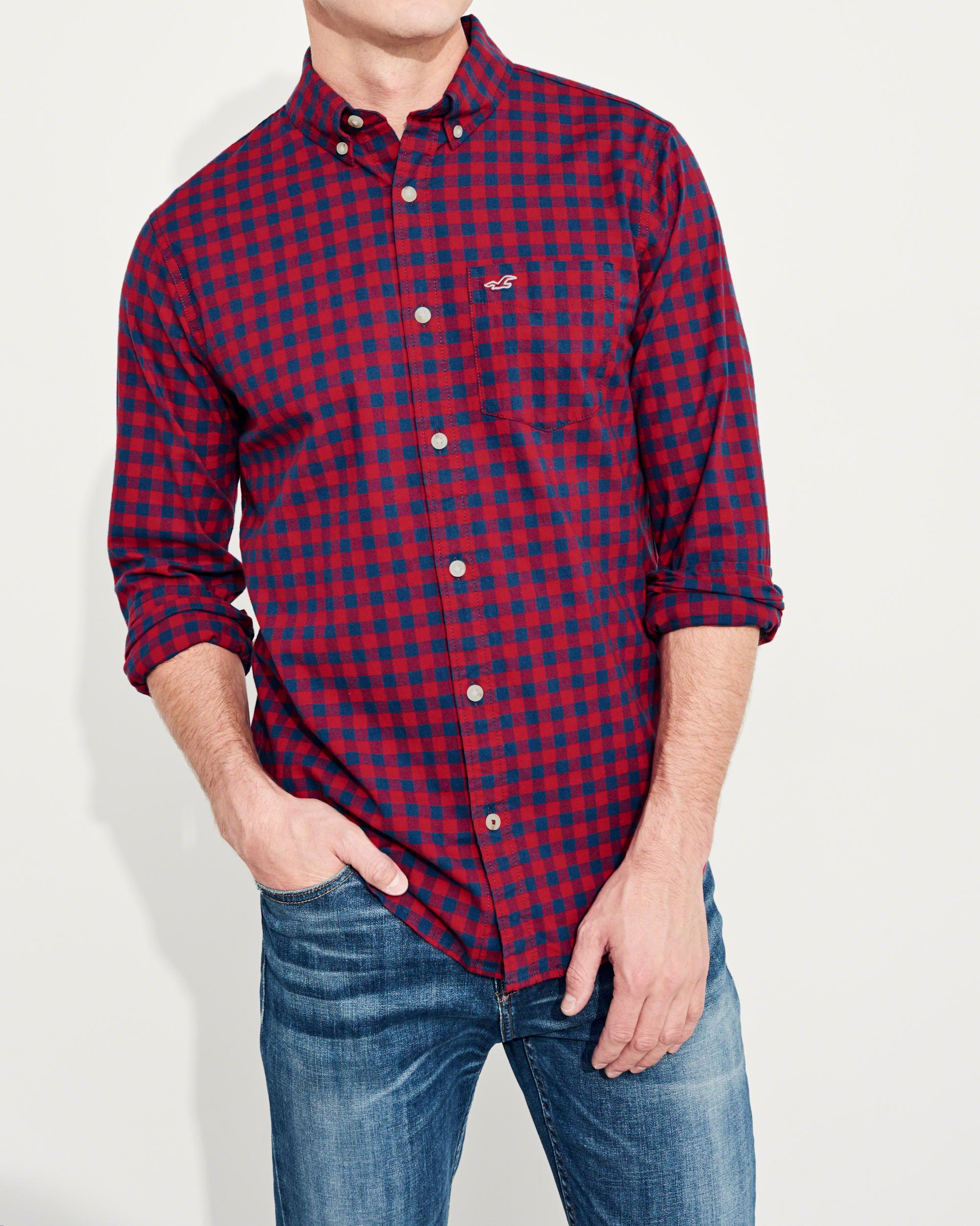 Lyst Hollister Stretch Plaid Poplin Shirt in Red for Men