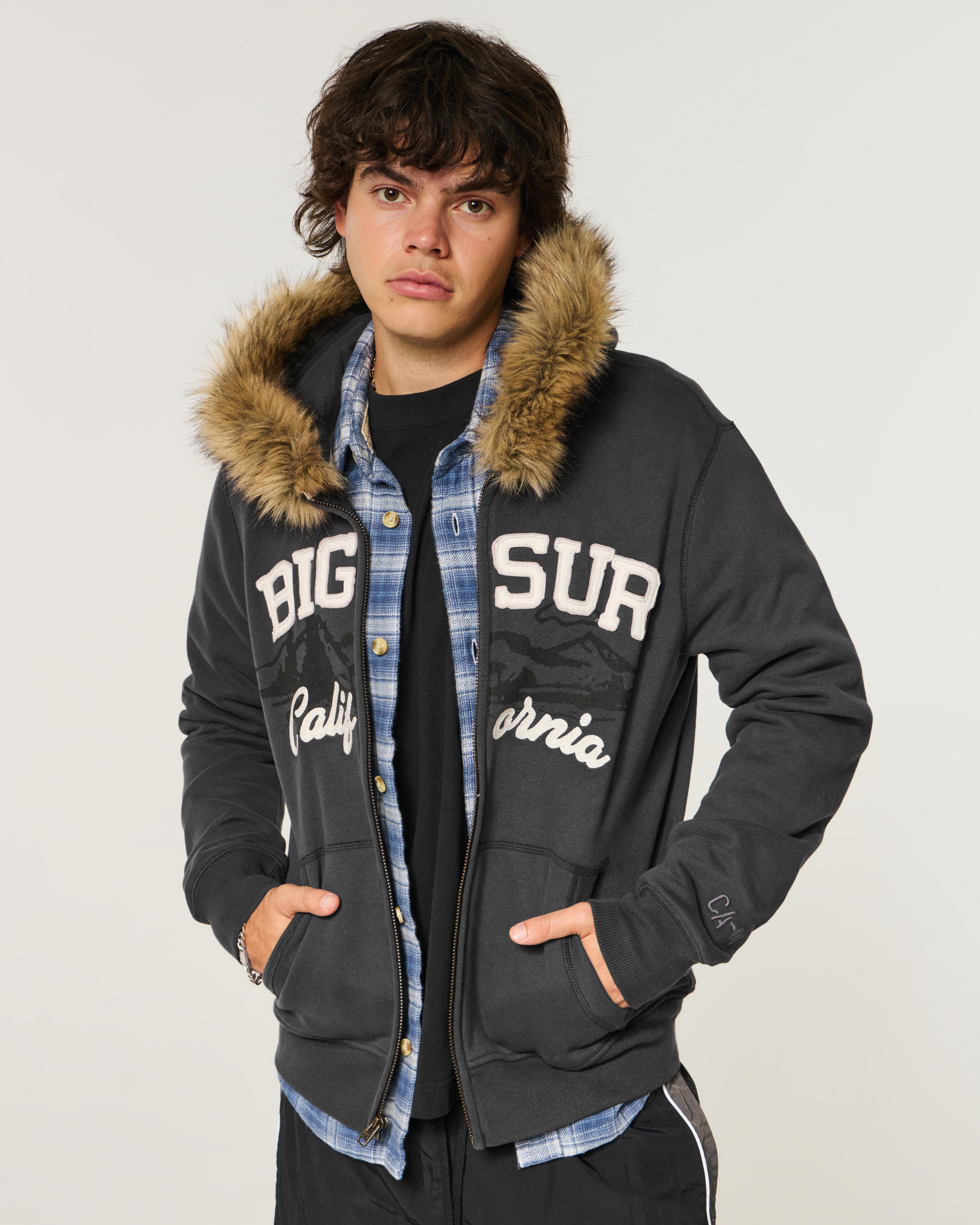 Hollister Faux Fur Trim Zip-up Big Sur Graphic Hoodie in Black for