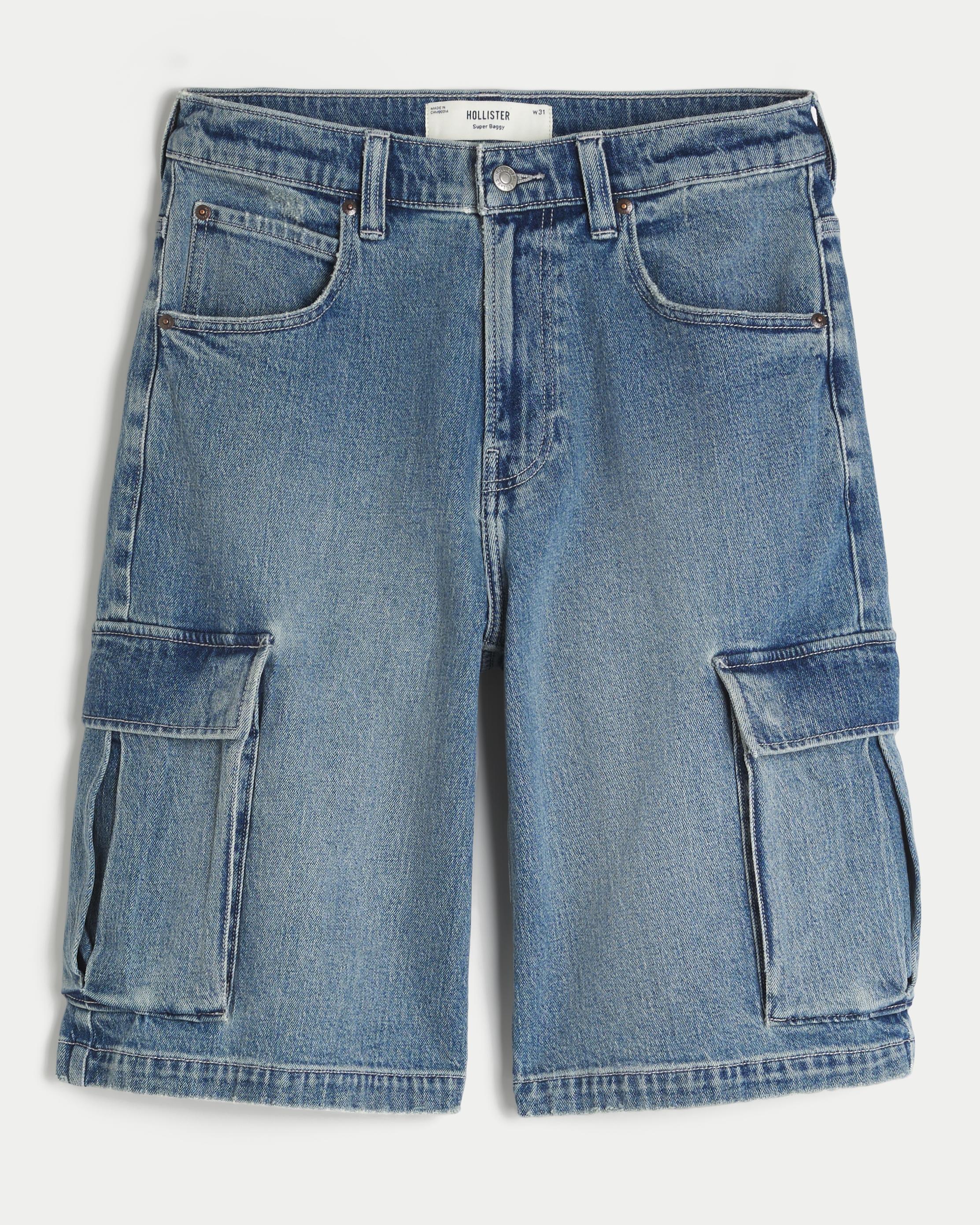 Hollister Medium Wash Super Baggy Denim Cargo Shorts in Blue for