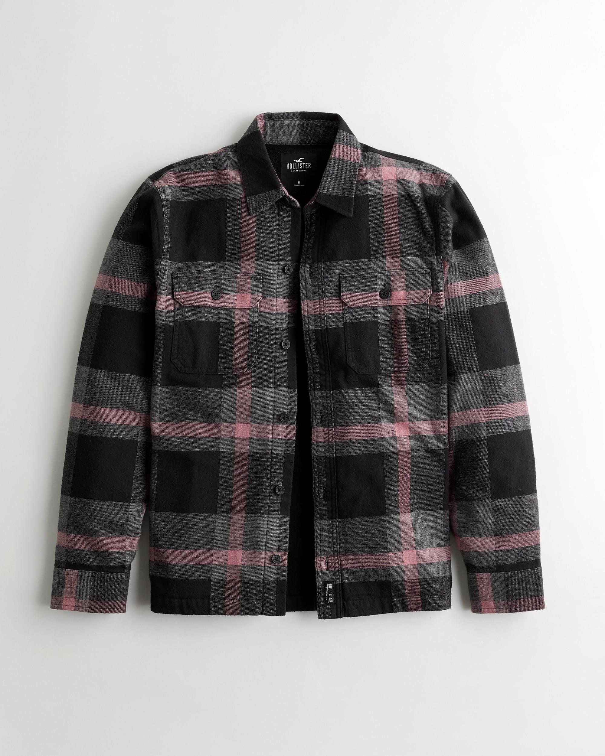 Hollister Fleece-lined Flannel Shirt Jacket in Black for Men | Lyst UK