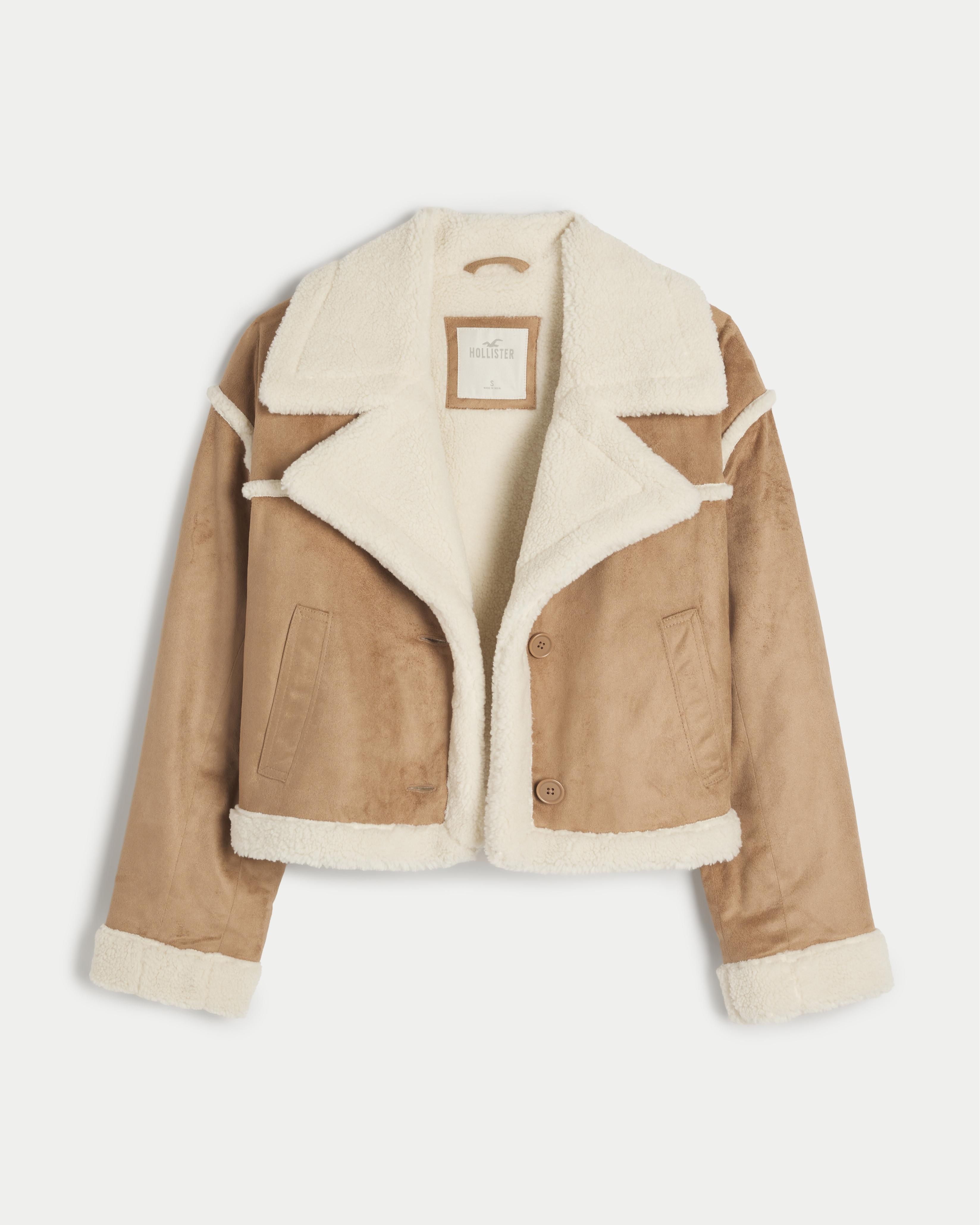 Hollister Sherpa lined Faux Suede Crop Biker Jacket in Natural Lyst UK