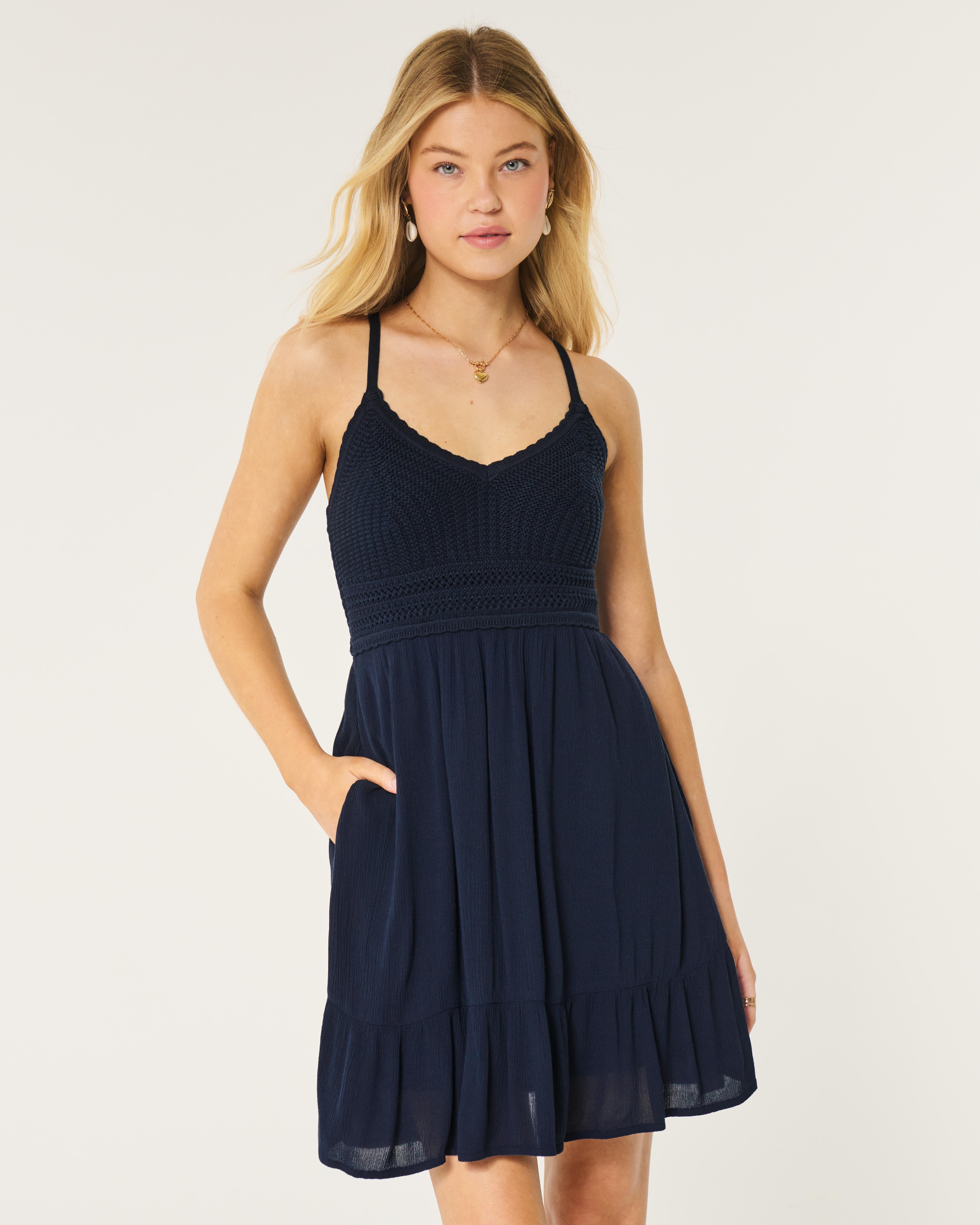 hollister navy blue dress Hollister - Babydoll Mini Dress - Women - Viscose/Polyester/Polyurethane/Spandex - M