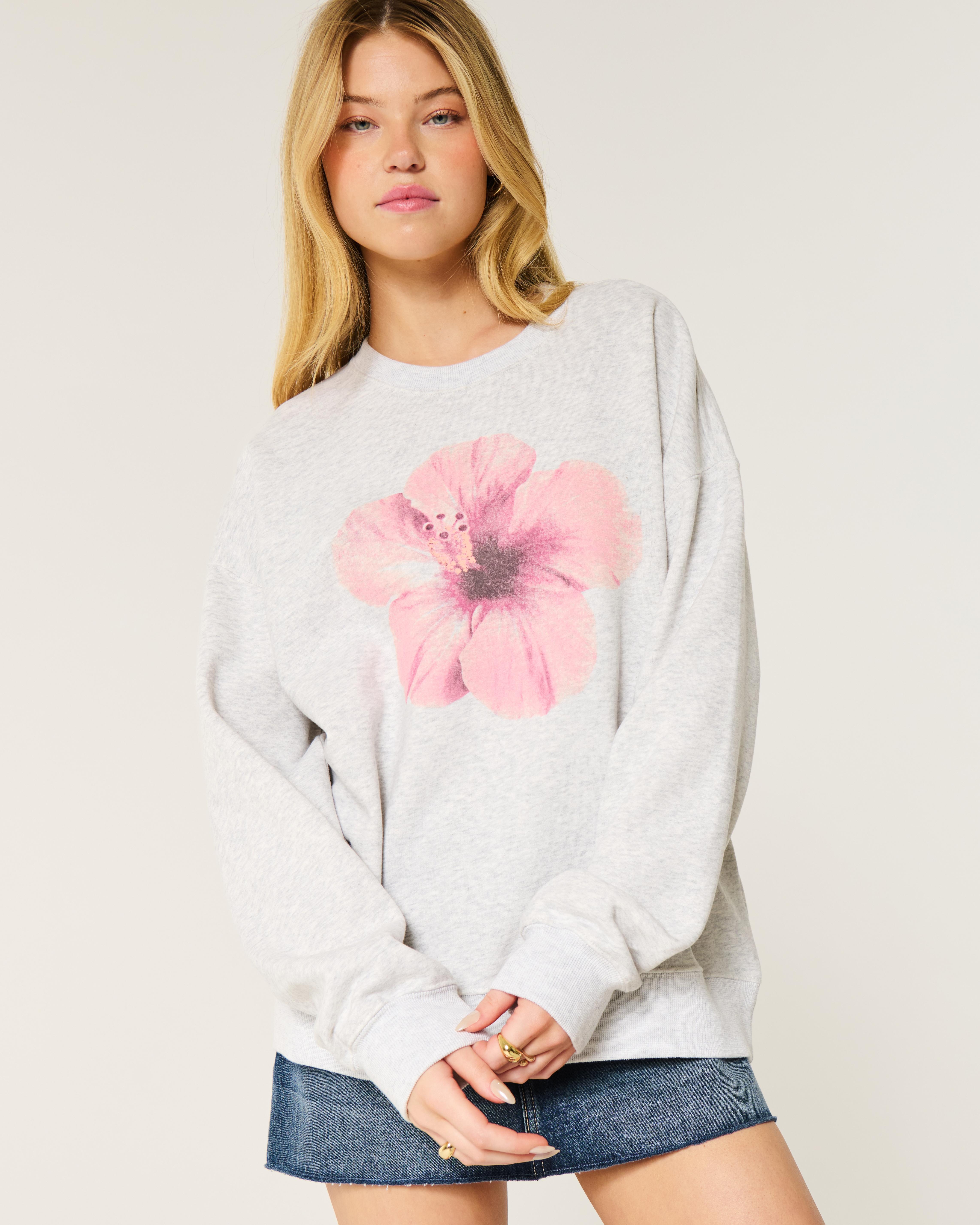 Hollister Oversized Flower Graphic Crew Sweatshirt in White