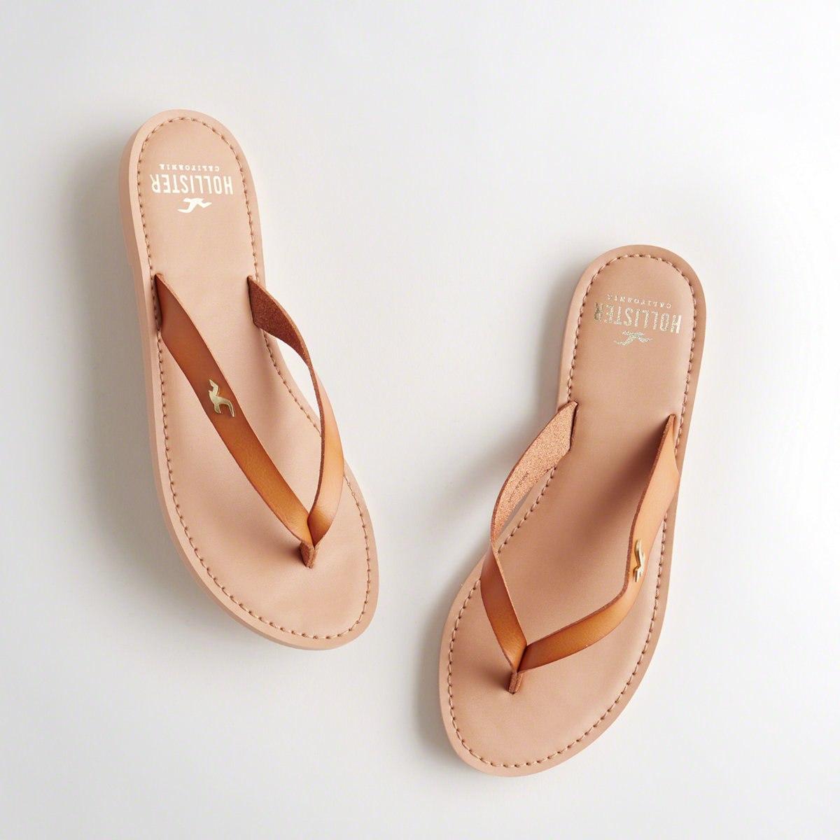 hollister brown leather flip flops