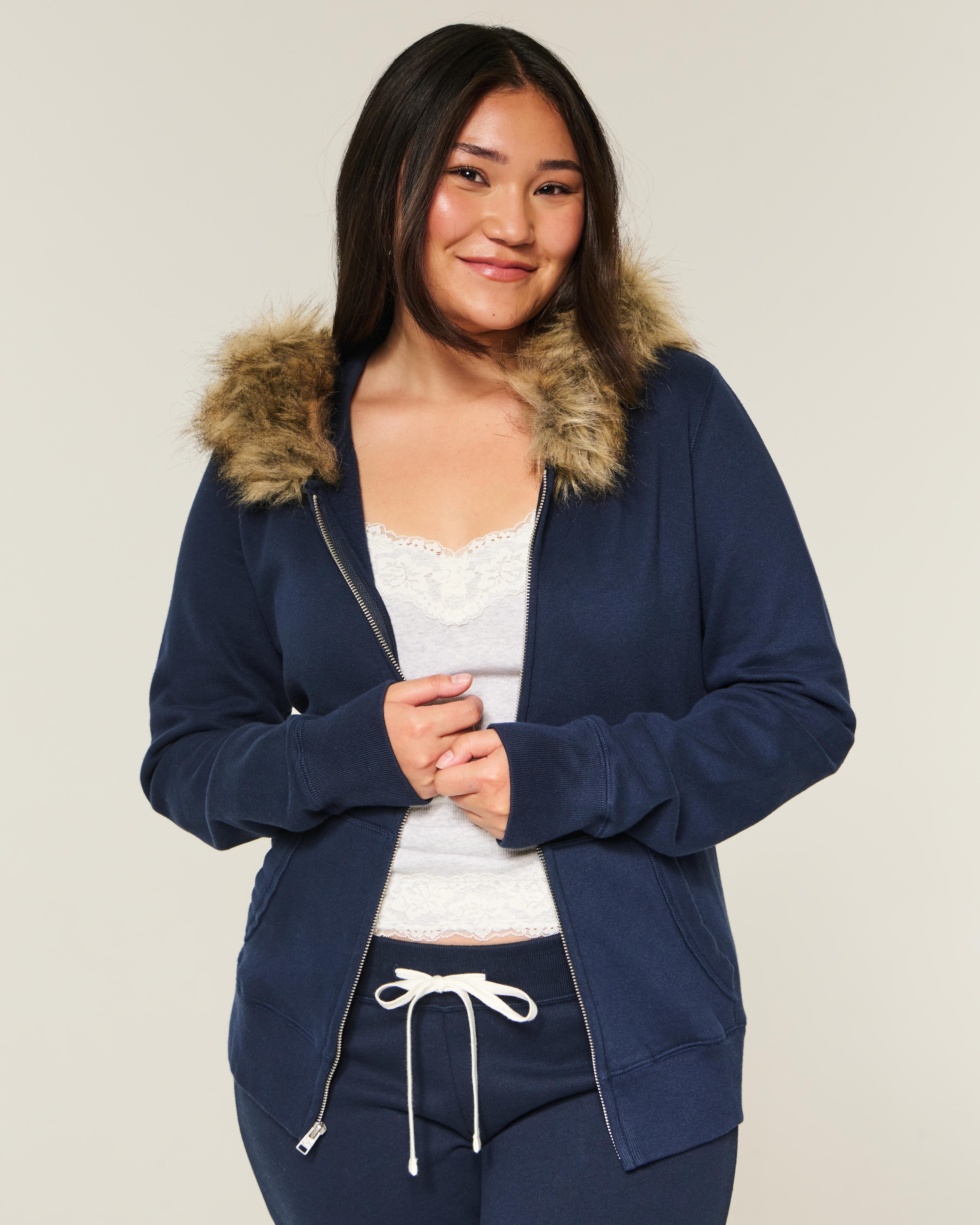 Hollister Faux Fur Trim Zip-up Hoodie in Blue | Lyst UK