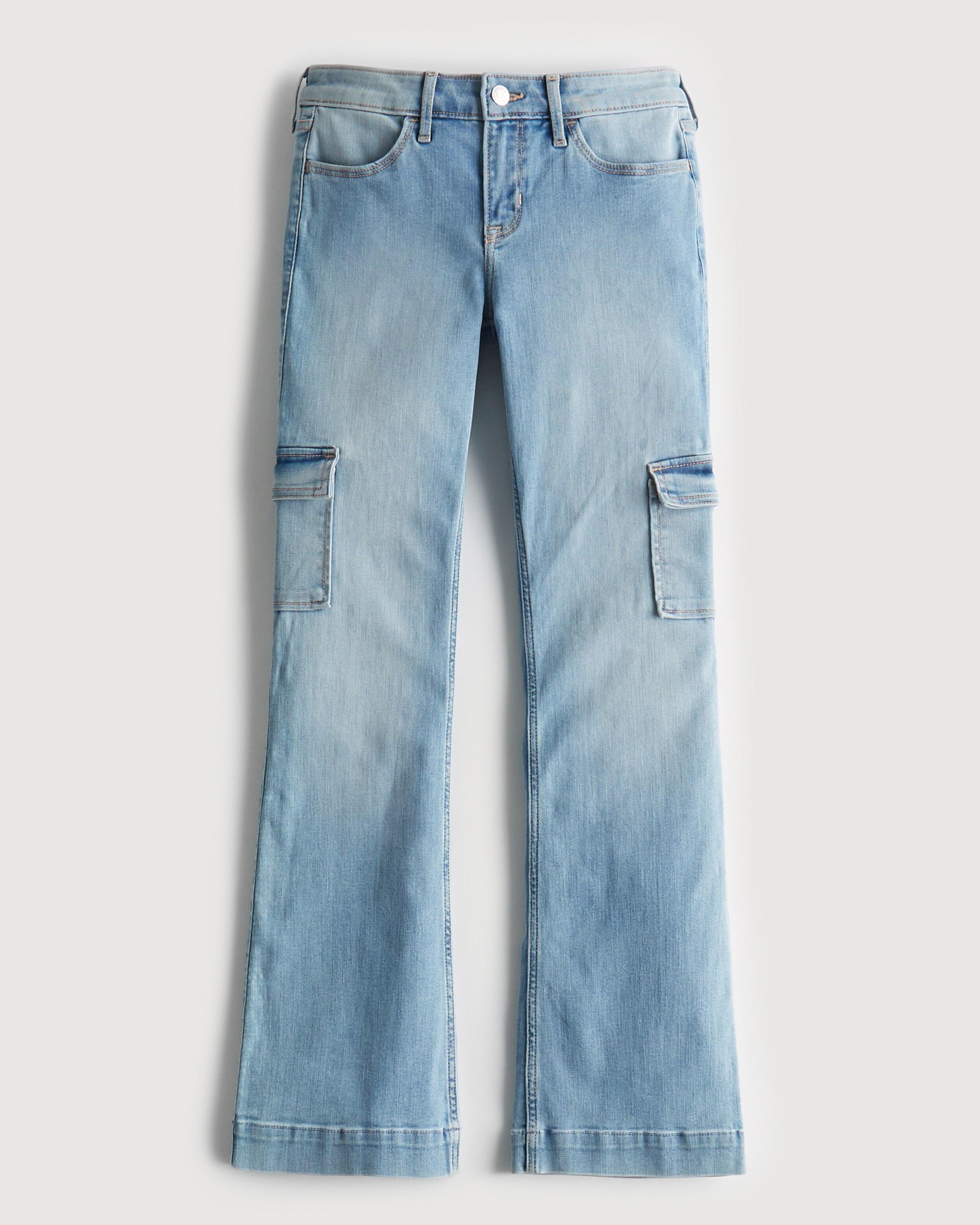 Hollister Denim Lowrise Medium Wash Cargo Y2k Boot Jeans in Light Wash