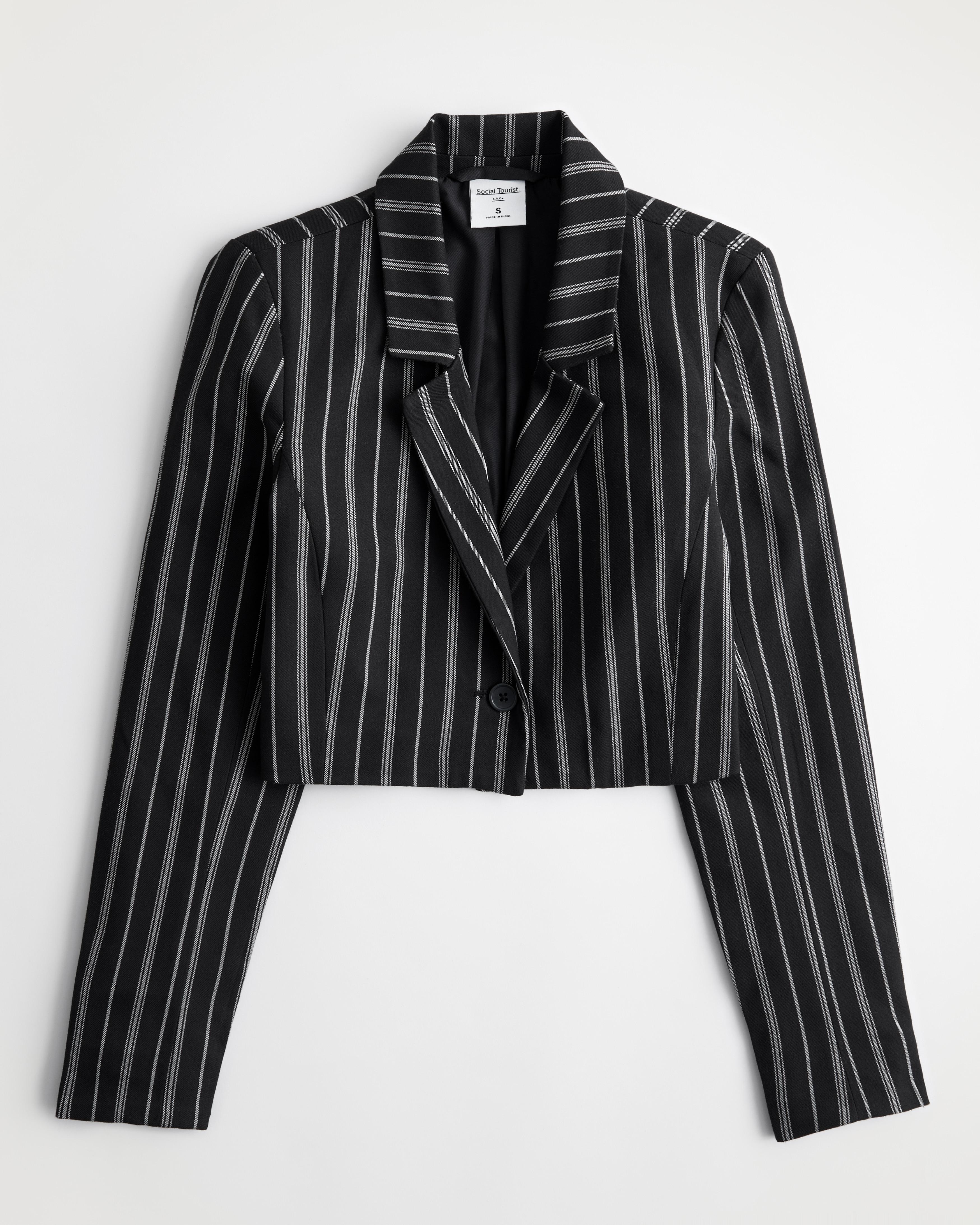 Hollister Social Tourist Crop Pinstripe Blazer in Black Lyst UK