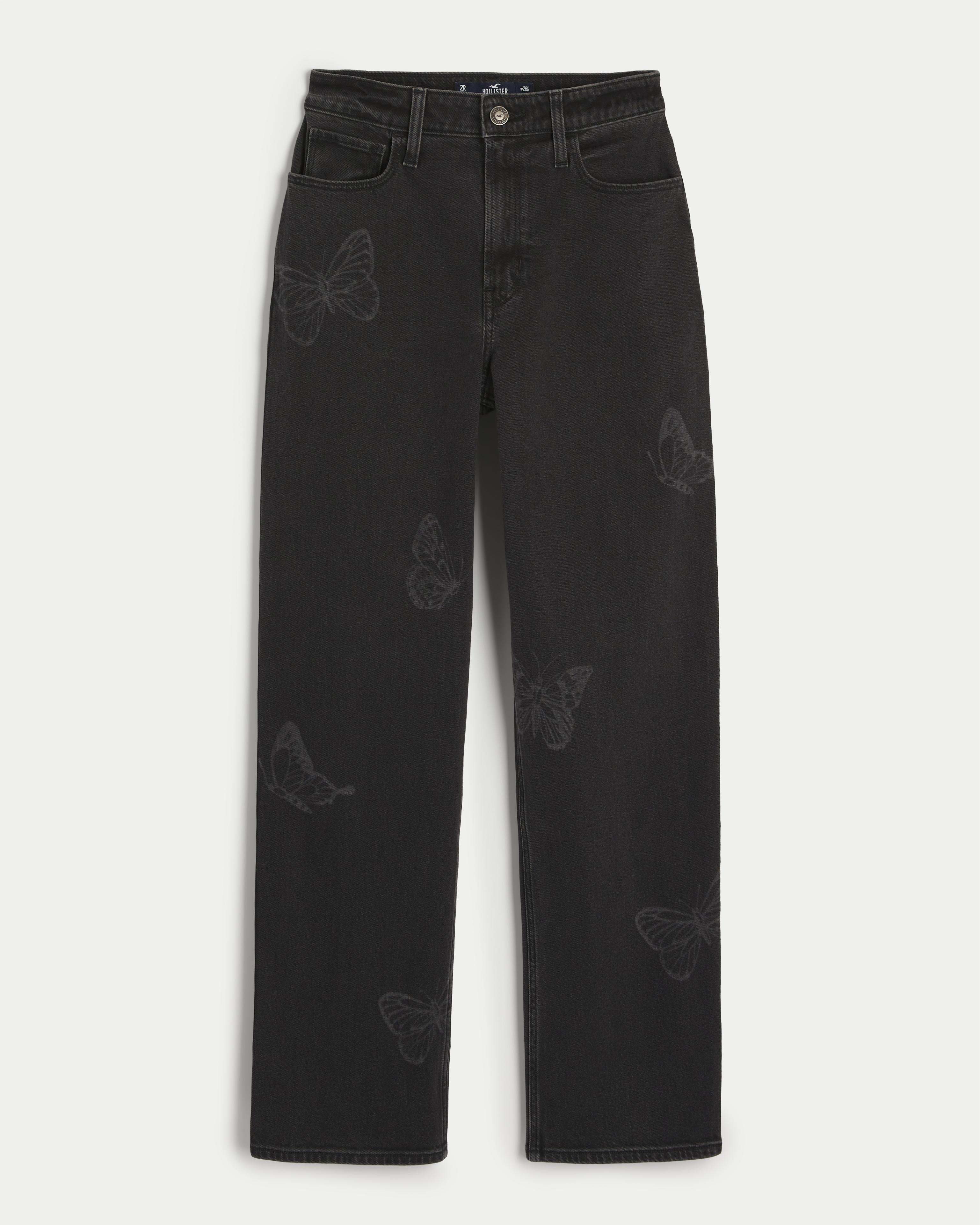 Hollister Ultra High-rise Washed Black Butterfly Print Dad Jeans