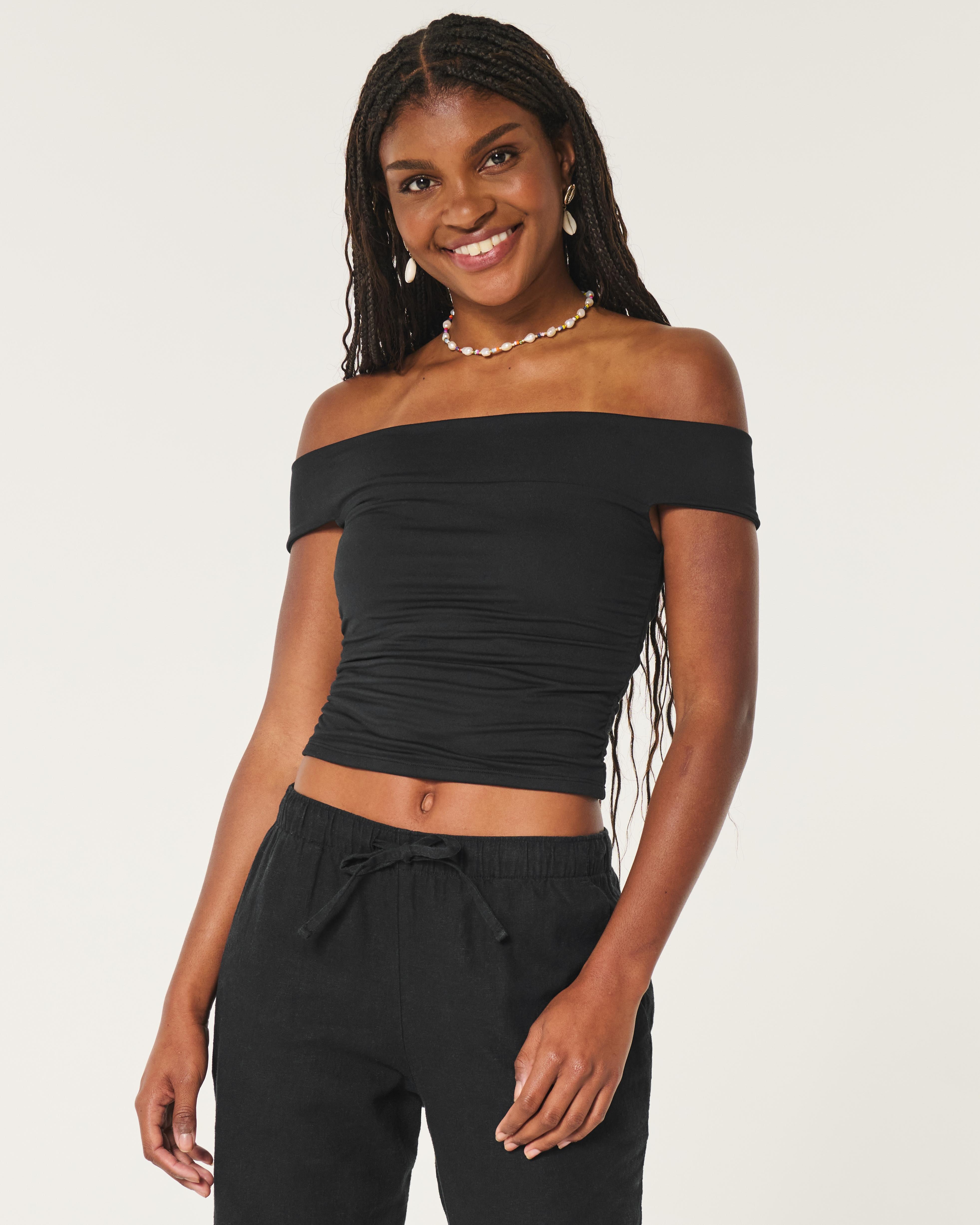 トップス meer. OFF SHOULDER SHIRRING TOP /BLK Hollister Soft Stretch Seamless Fabric Ruched Off-the-shoulder Top