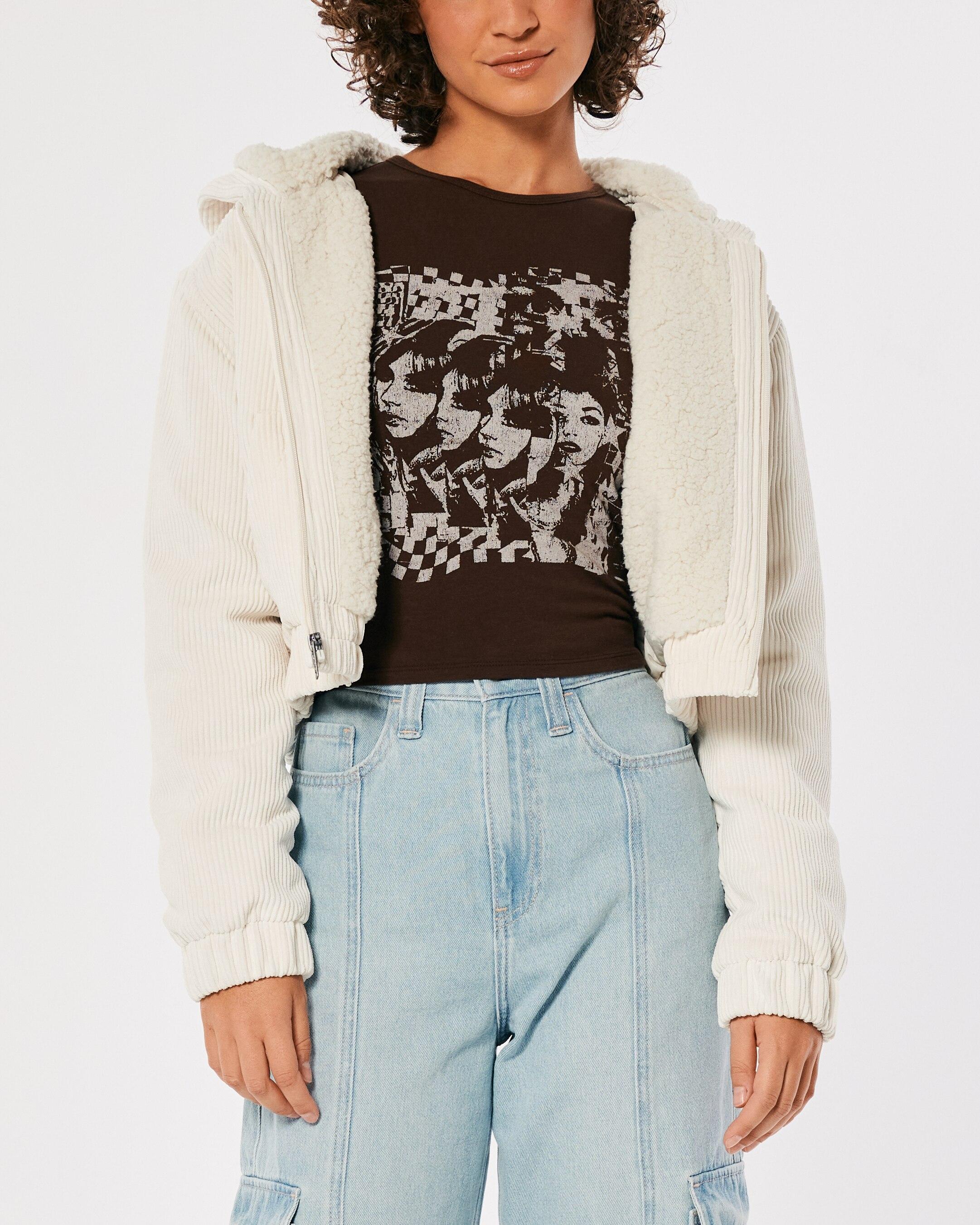 Hollister Crop Sherpa-lined Corduroy Jacket in Natural