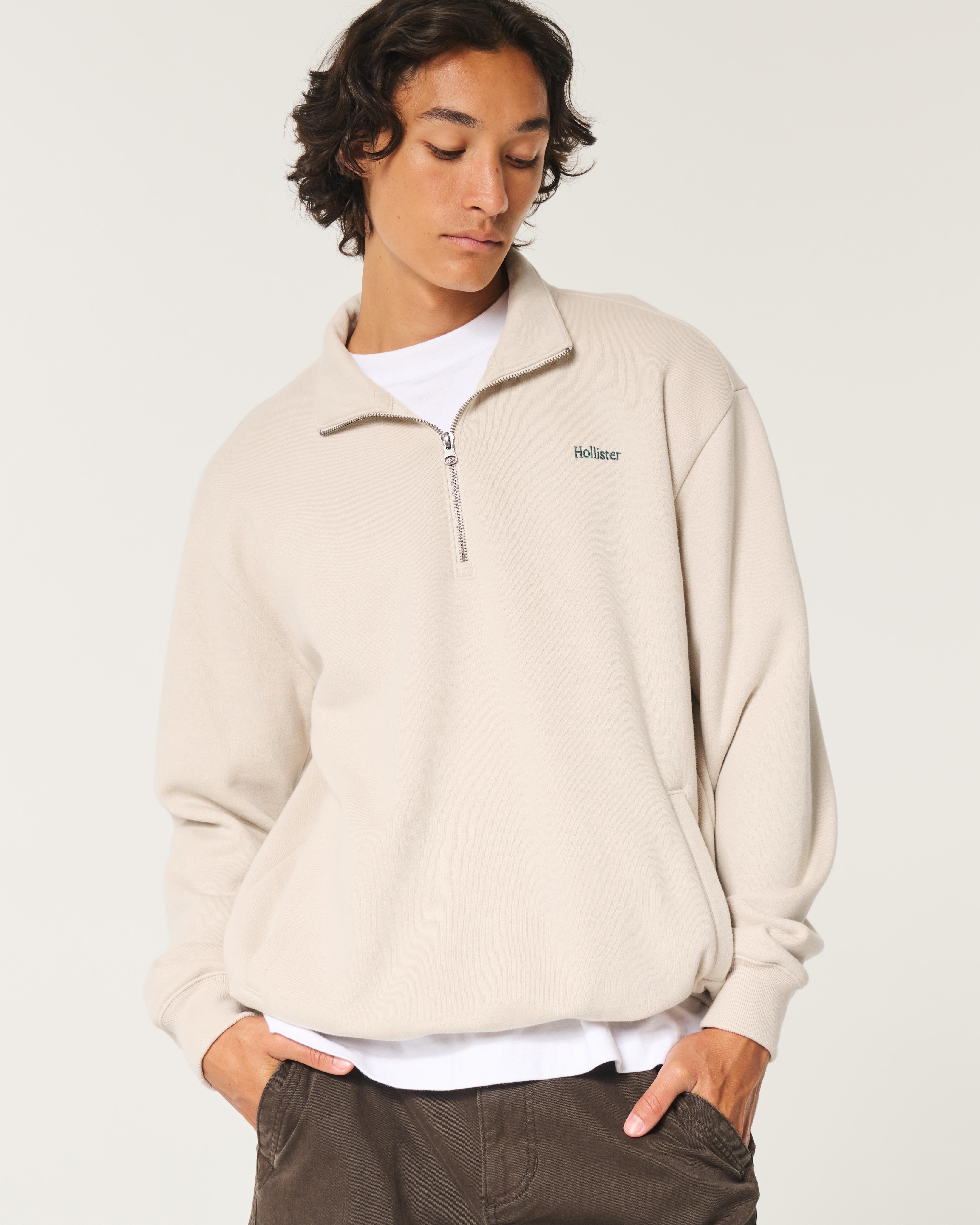 Hollister Relaxed Half-zip Logo Sweatshirt in Natural for Men