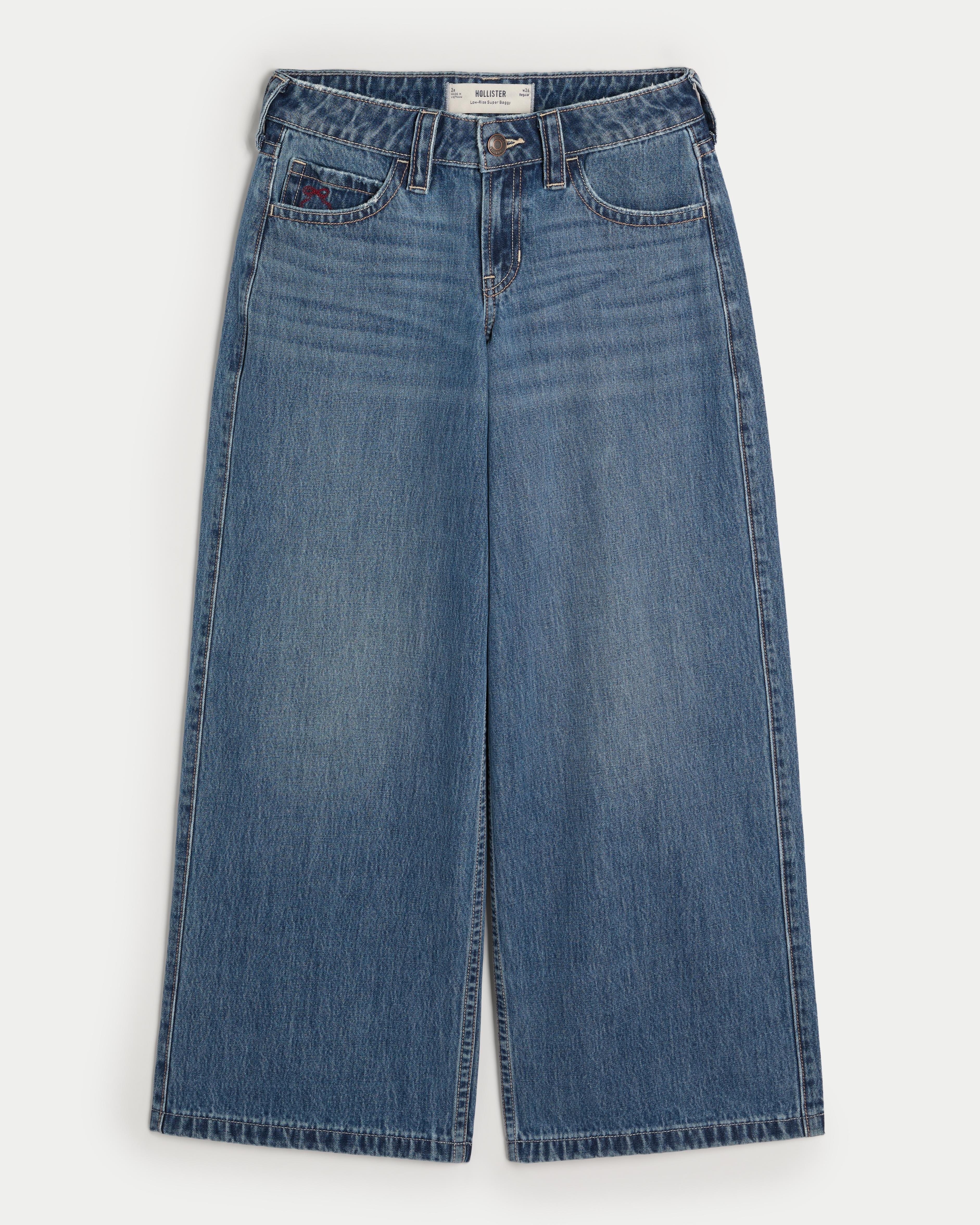 Hollister Low-rise Medium Wash Cherry Embroidered Super Baggy