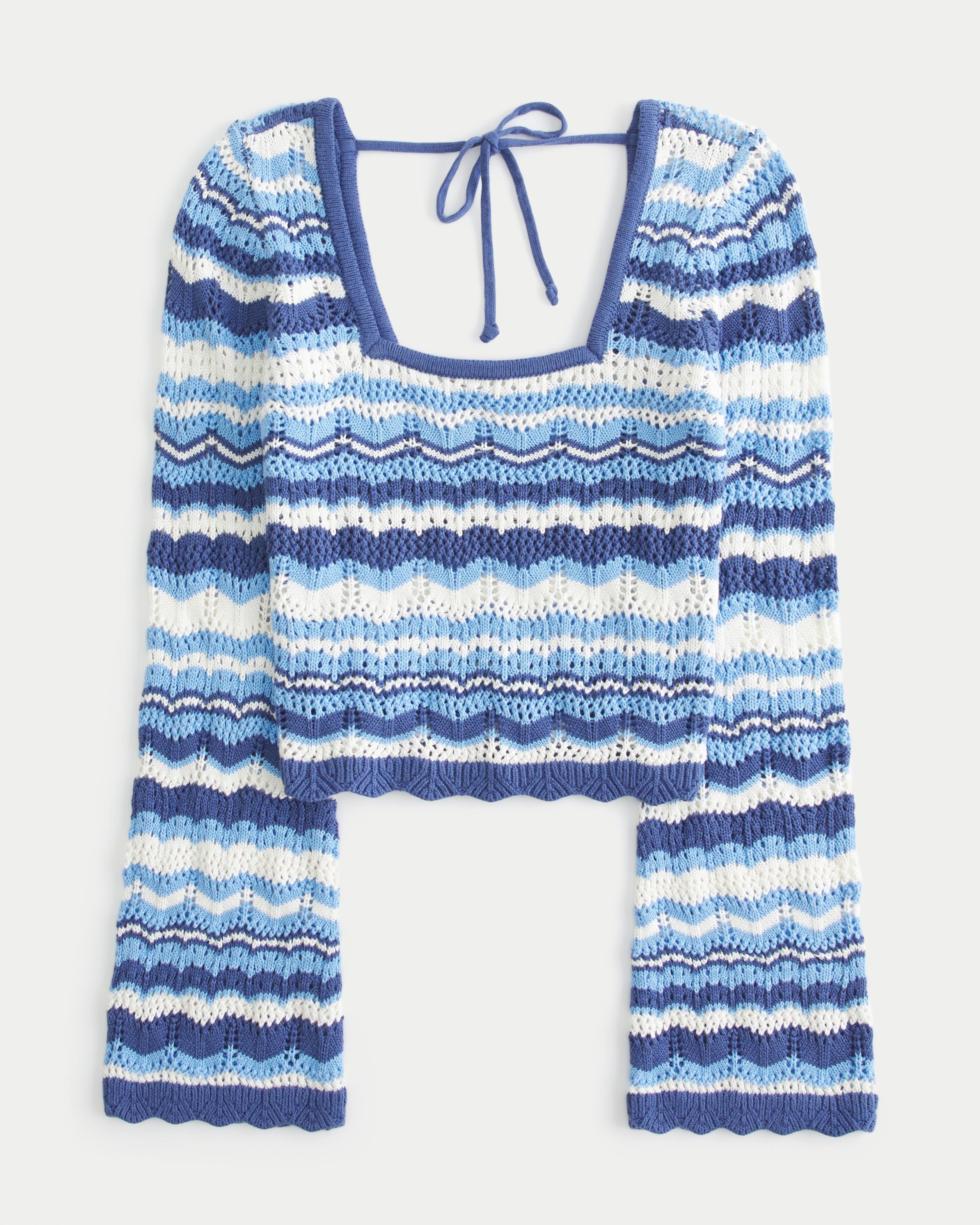HZSONNE Women's V-Neck Crochet Pullover Sweater - Loose Fit Hollow Out Slouchy Knit Top, Blue, Small - View #9