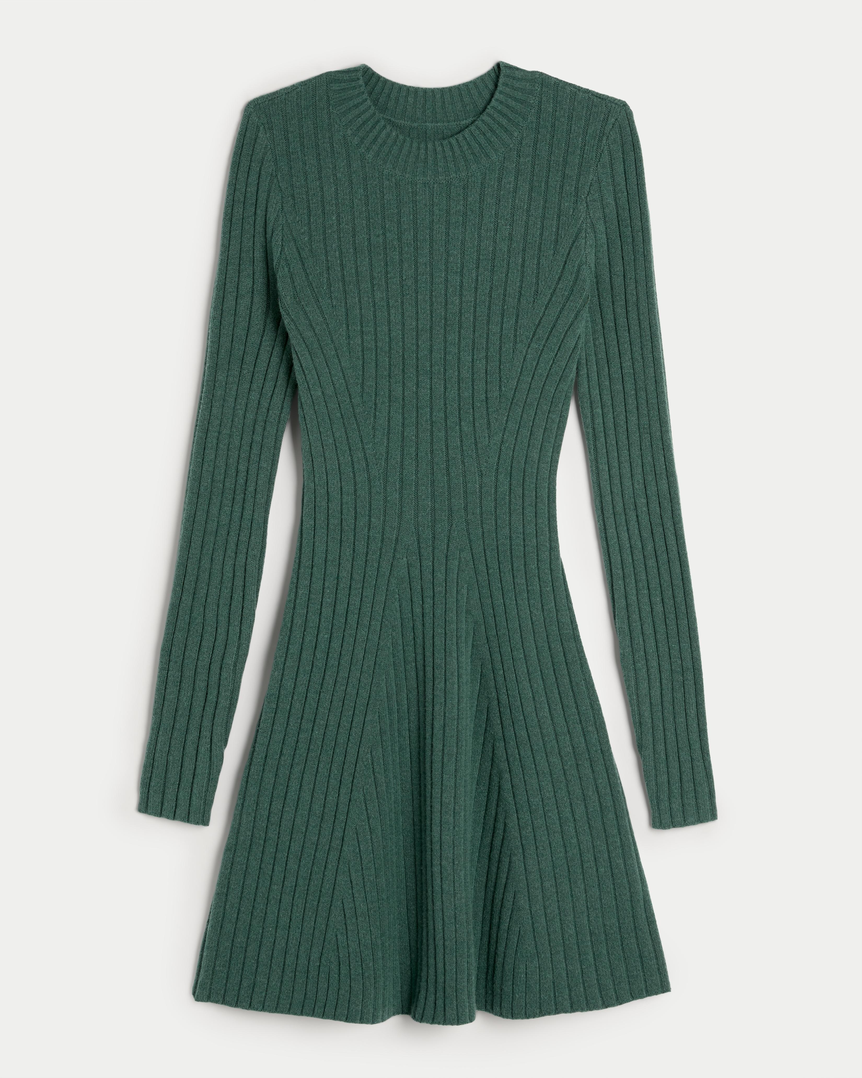 Hollister Ribbed Skater Mini Sweater Dress in Green | Lyst UK