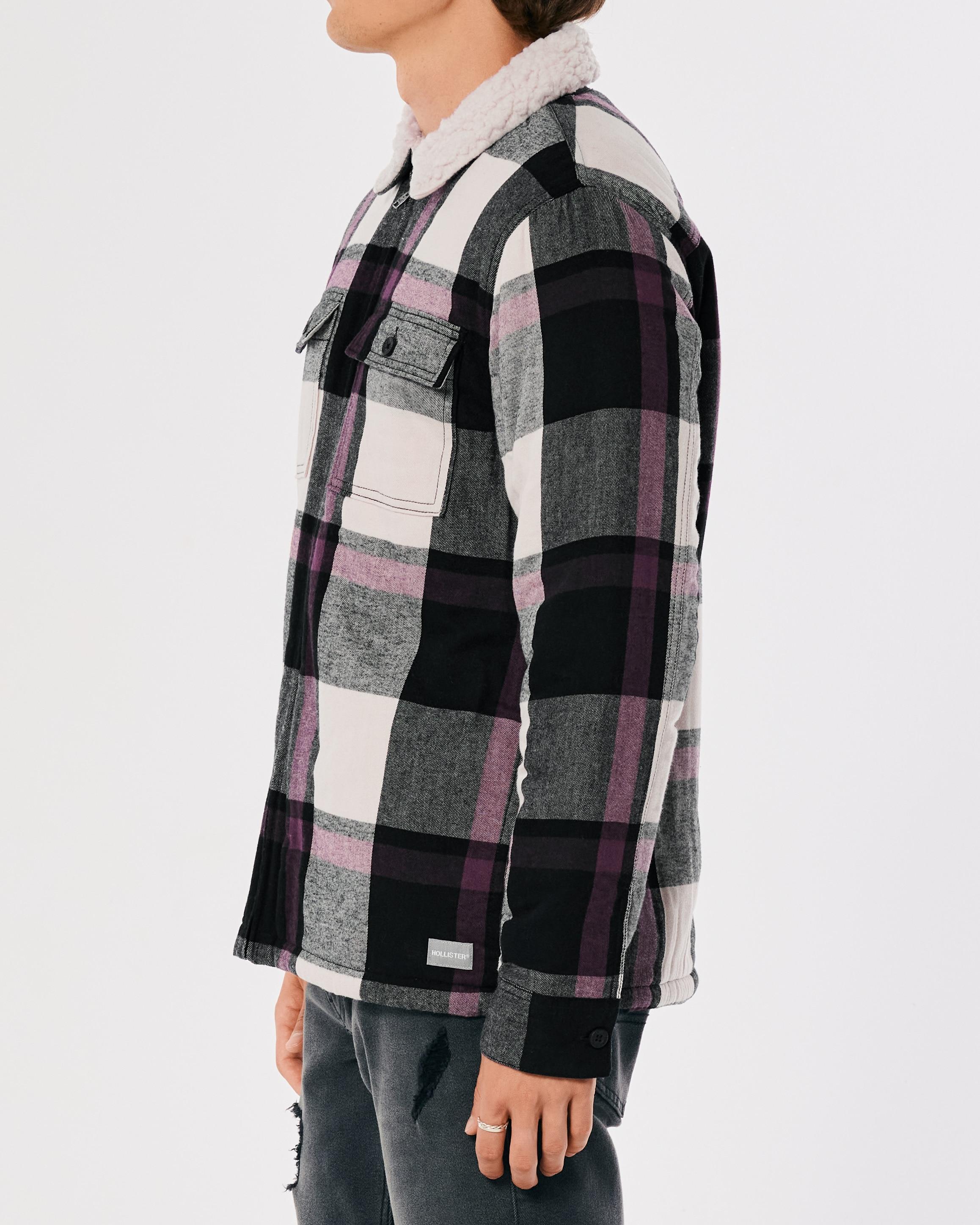 Hollister Relaxed Sherpa-lined Flannel Shirt Jacket in Black for Men | Lyst  UK