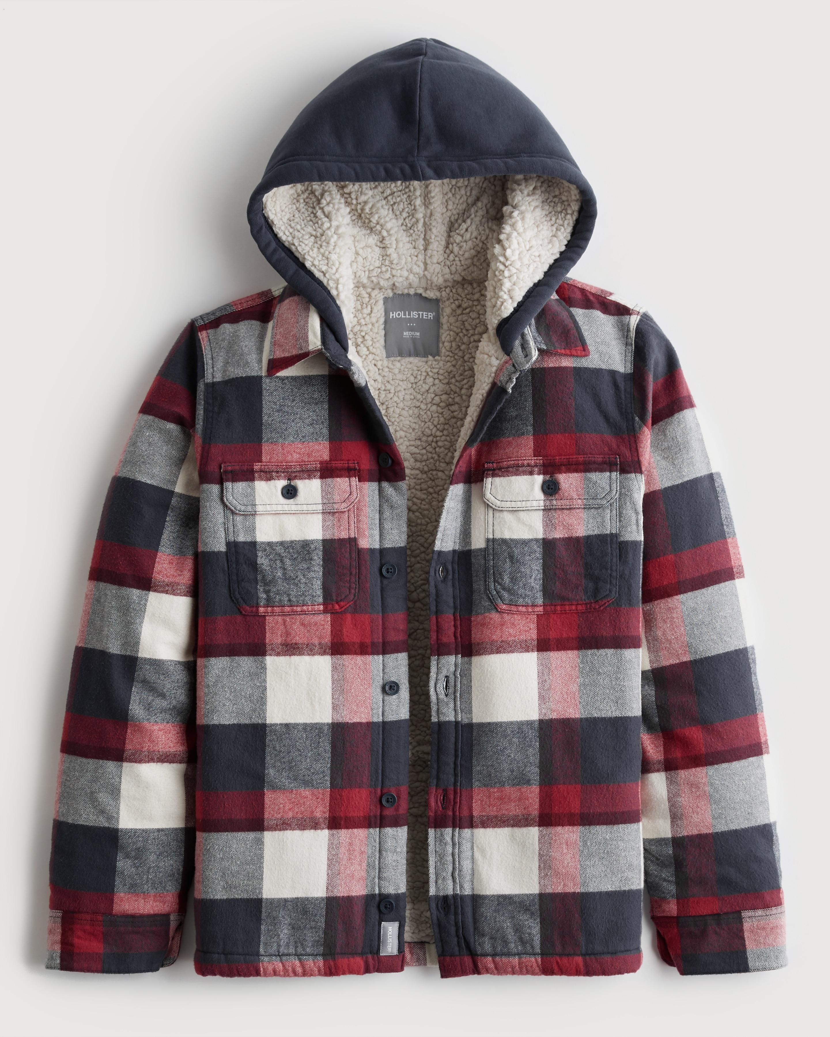 Hollister Relaxed Sherpa-lined Hooded Flannel Shirt Jacket in Grey for ...