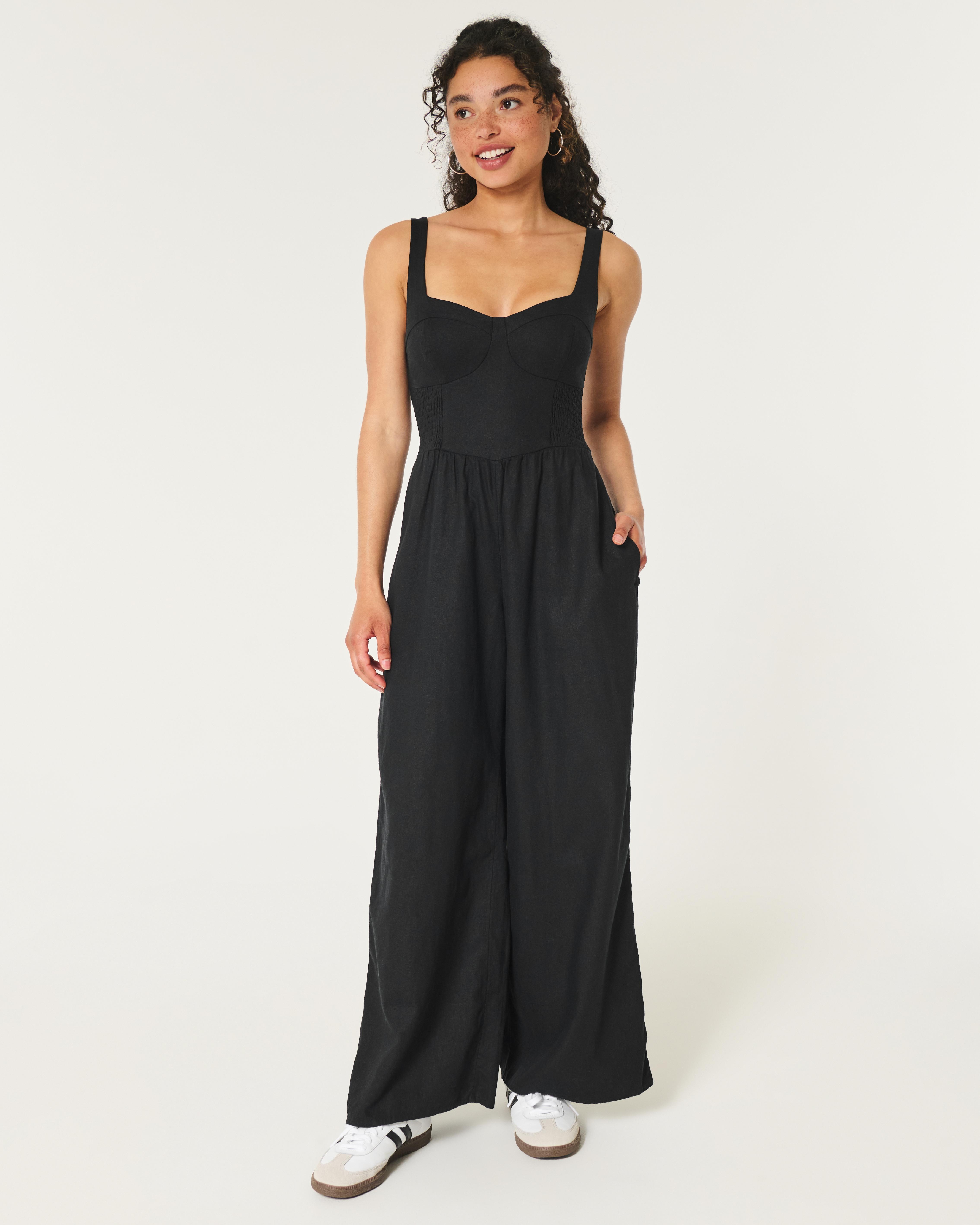Hollister Linen blend Side Smocked Jumpsuit in Black Lyst UK