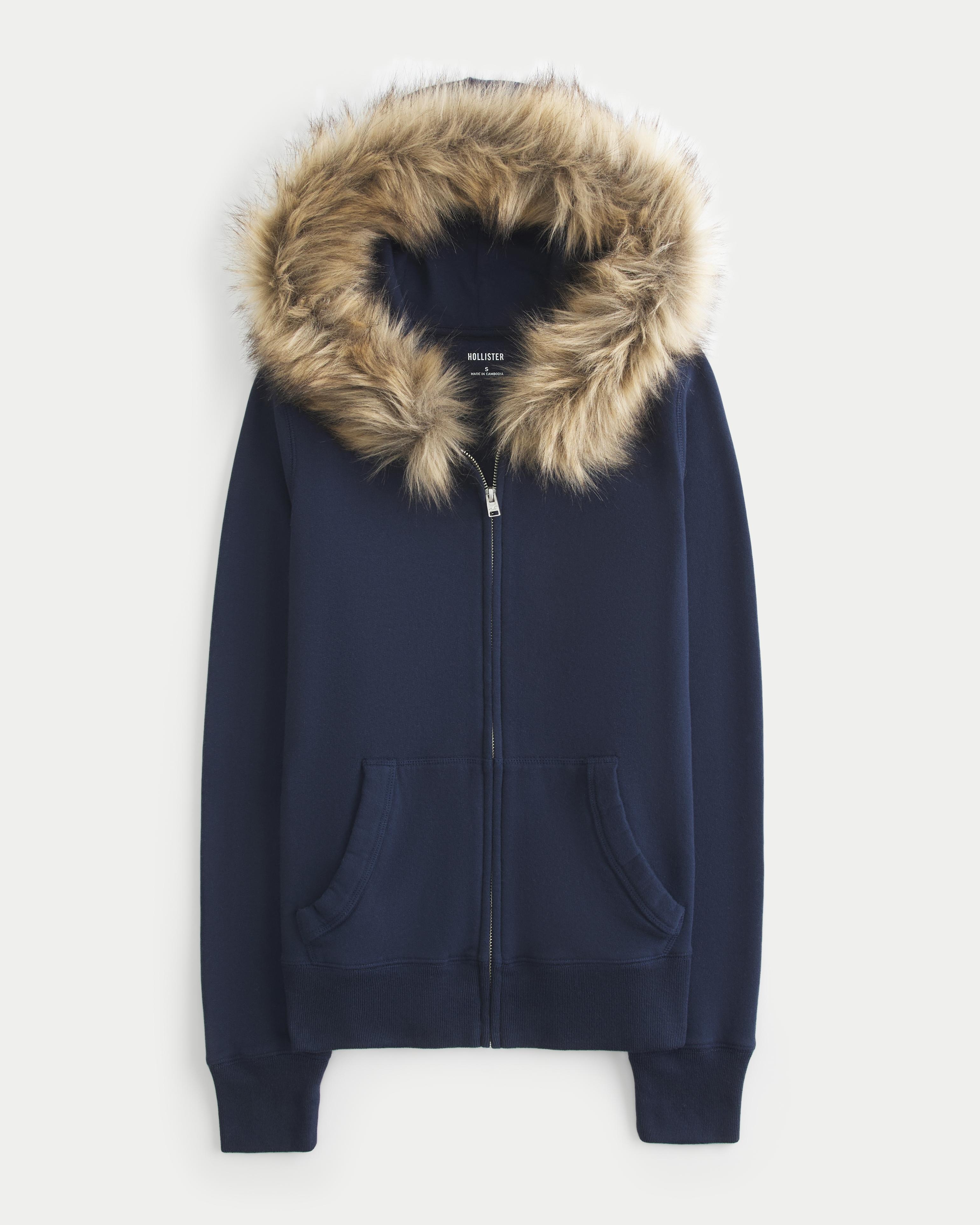 Hollister Faux Fur Trim Zip-up Hoodie in Blue | Lyst UK