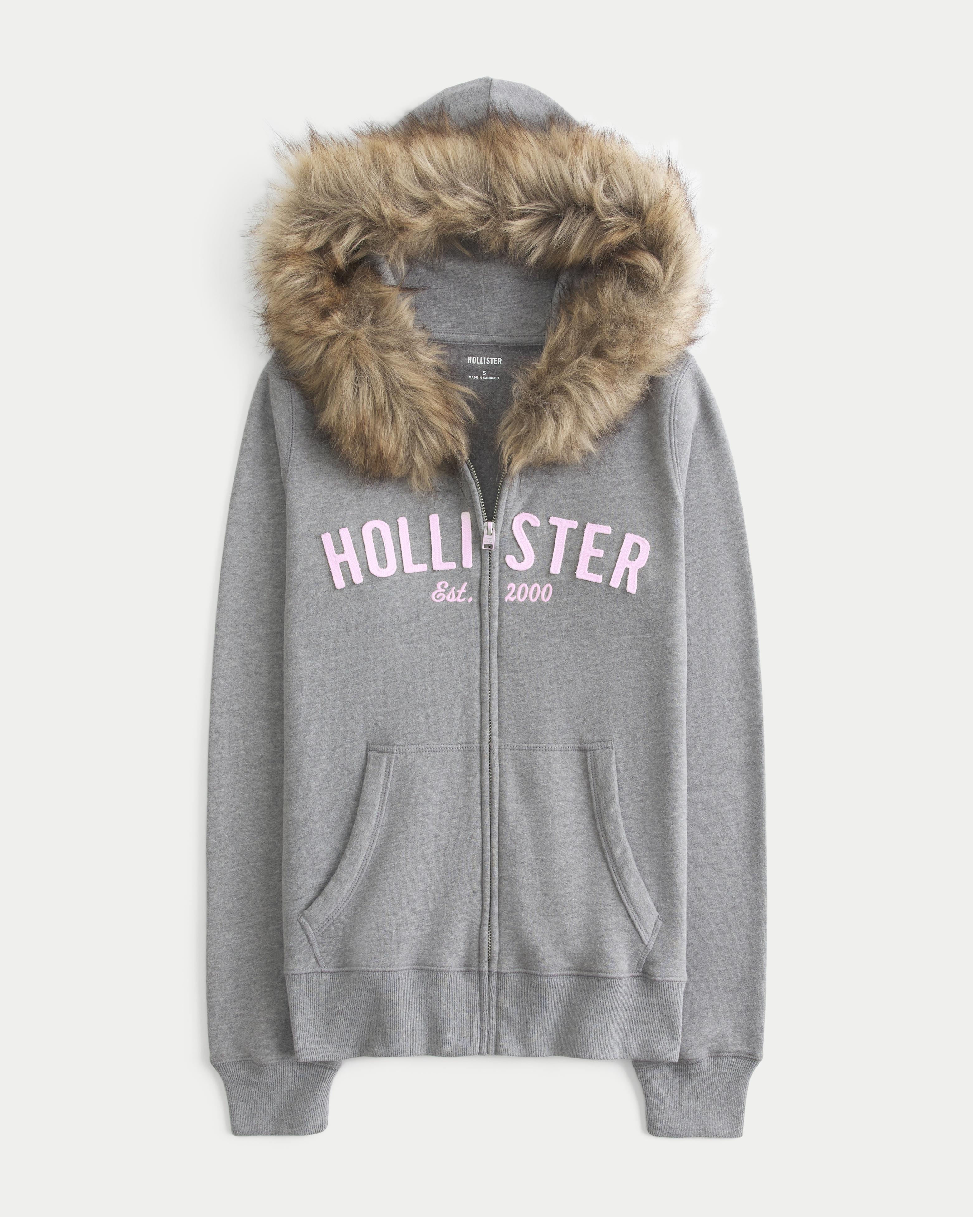 Hollister Faux Fur Trim Logo Graphic Zip-up Hoodie in Grey | Lyst UK