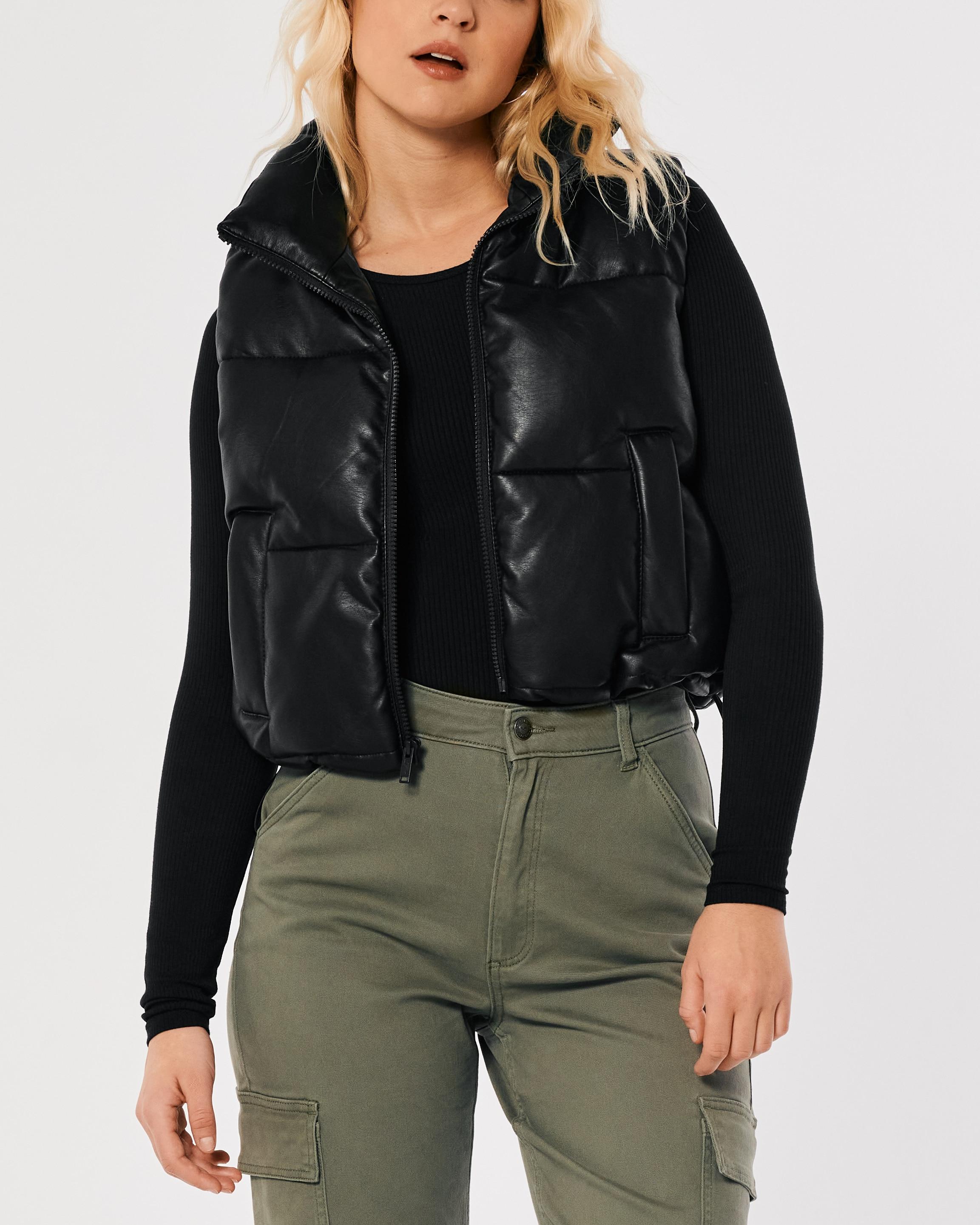 Hollister Crop Vegan Leather Puffer Vest in Black Lyst UK