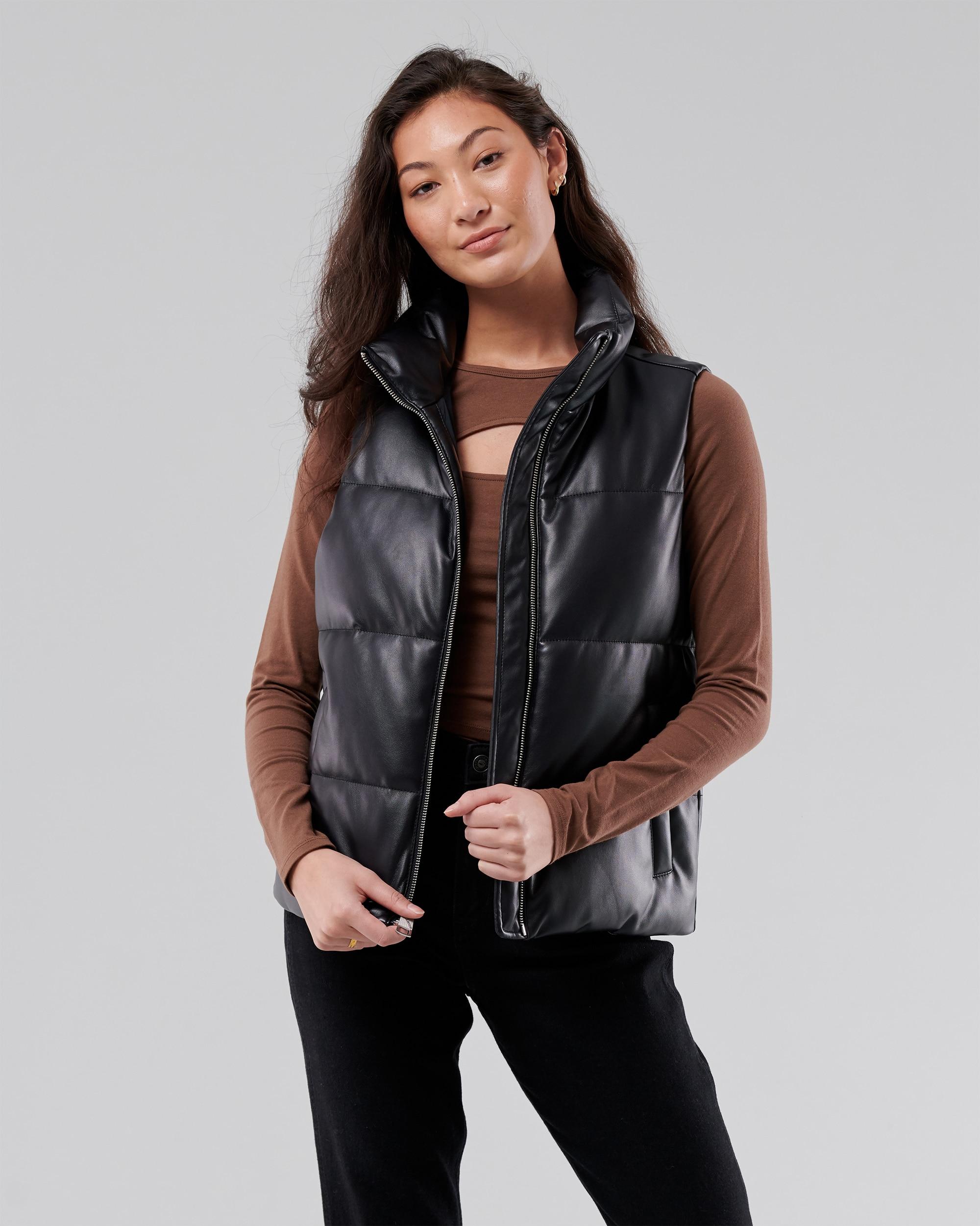 Mock-Neck Faux-Leather Puffer Jacket for Women