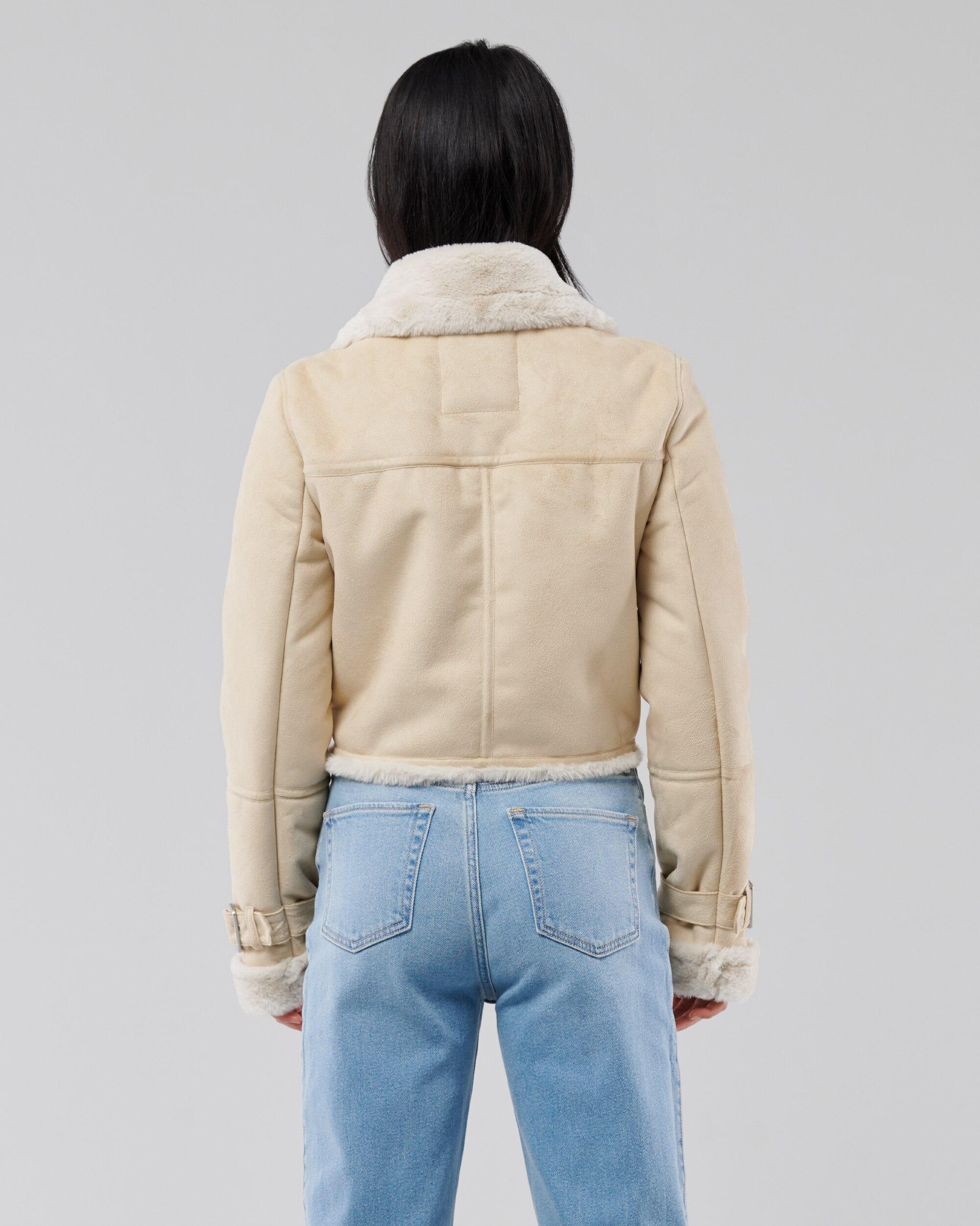 ジャケット・アウター Hollister FAUX SHEARLING BIKER JACKET Hollister Crop Shearling Biker Jacket in Natural | Lyst UK
