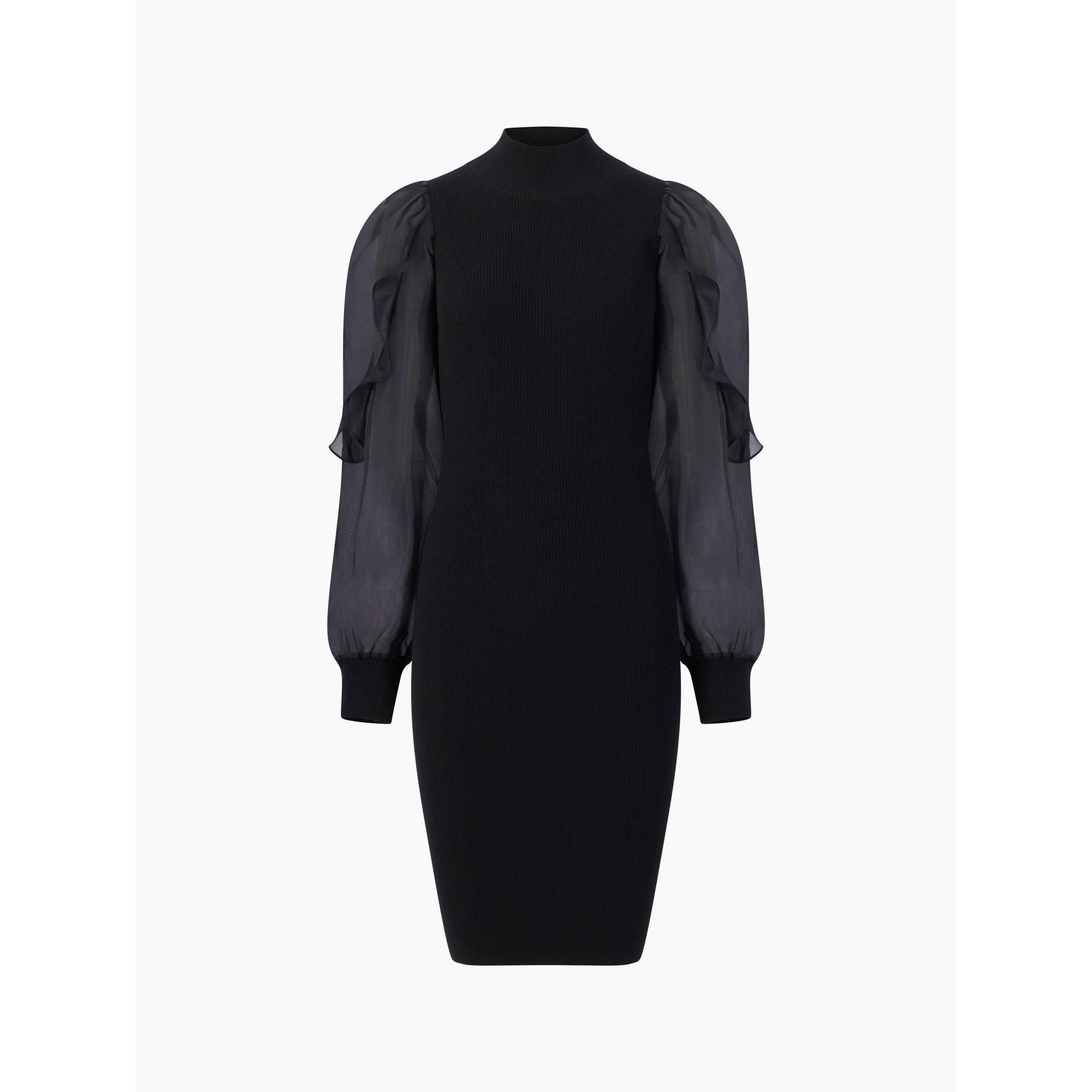 long sleeve ruffle dress floral Mock Neck Floral Long Sleeves Tulle Tiered Ruffle Wedding Guest Dresses, Black / M
