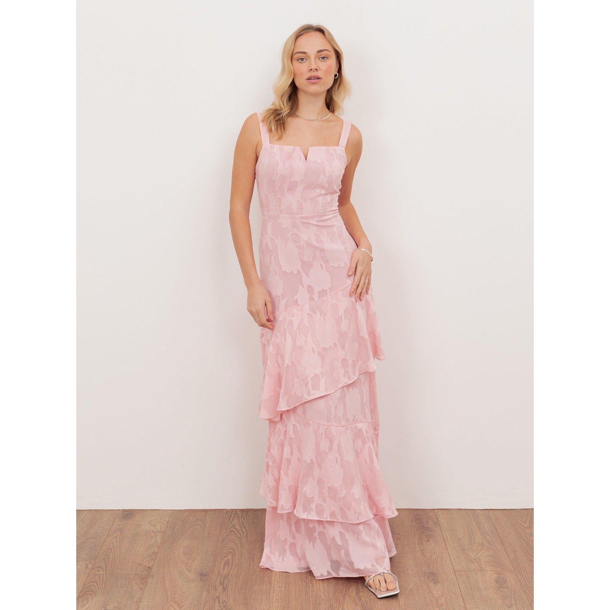 Anaya with love Recycled Floral Burnout Strappy Asymmetric Ruffle Maxi Dress  in Pink
