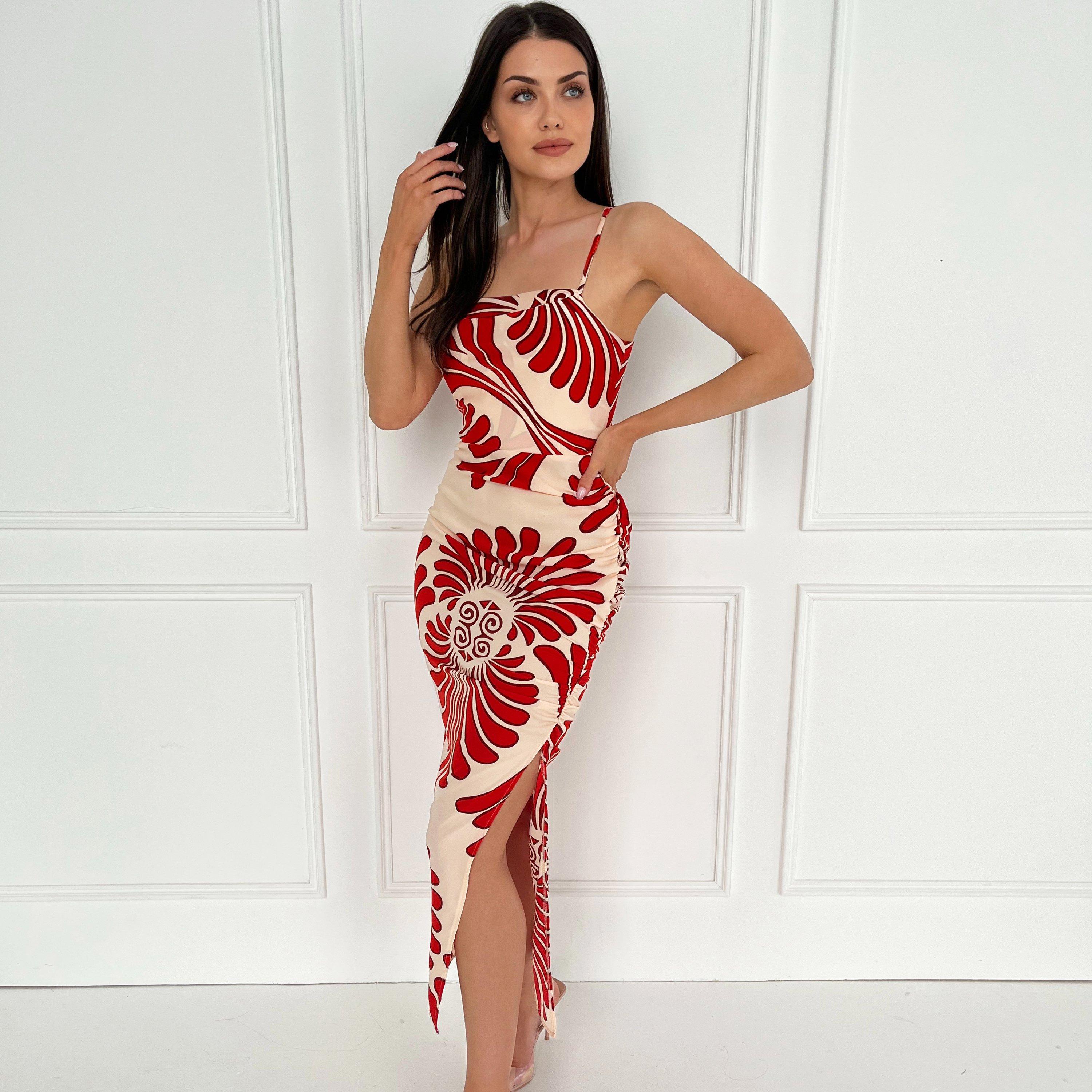 open lace back dress Red Midi Dress | Red Cowl Neck Ruched Side Dress