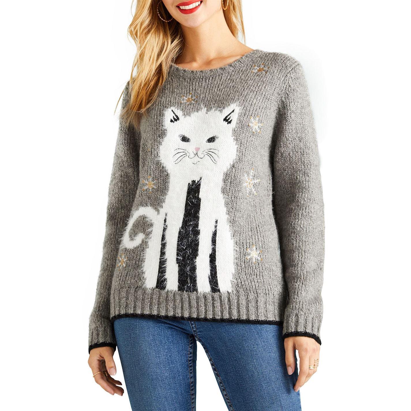 Yumi' Synthetic Embellished Sequin Cat Christmas Jumper in Grey (Gray