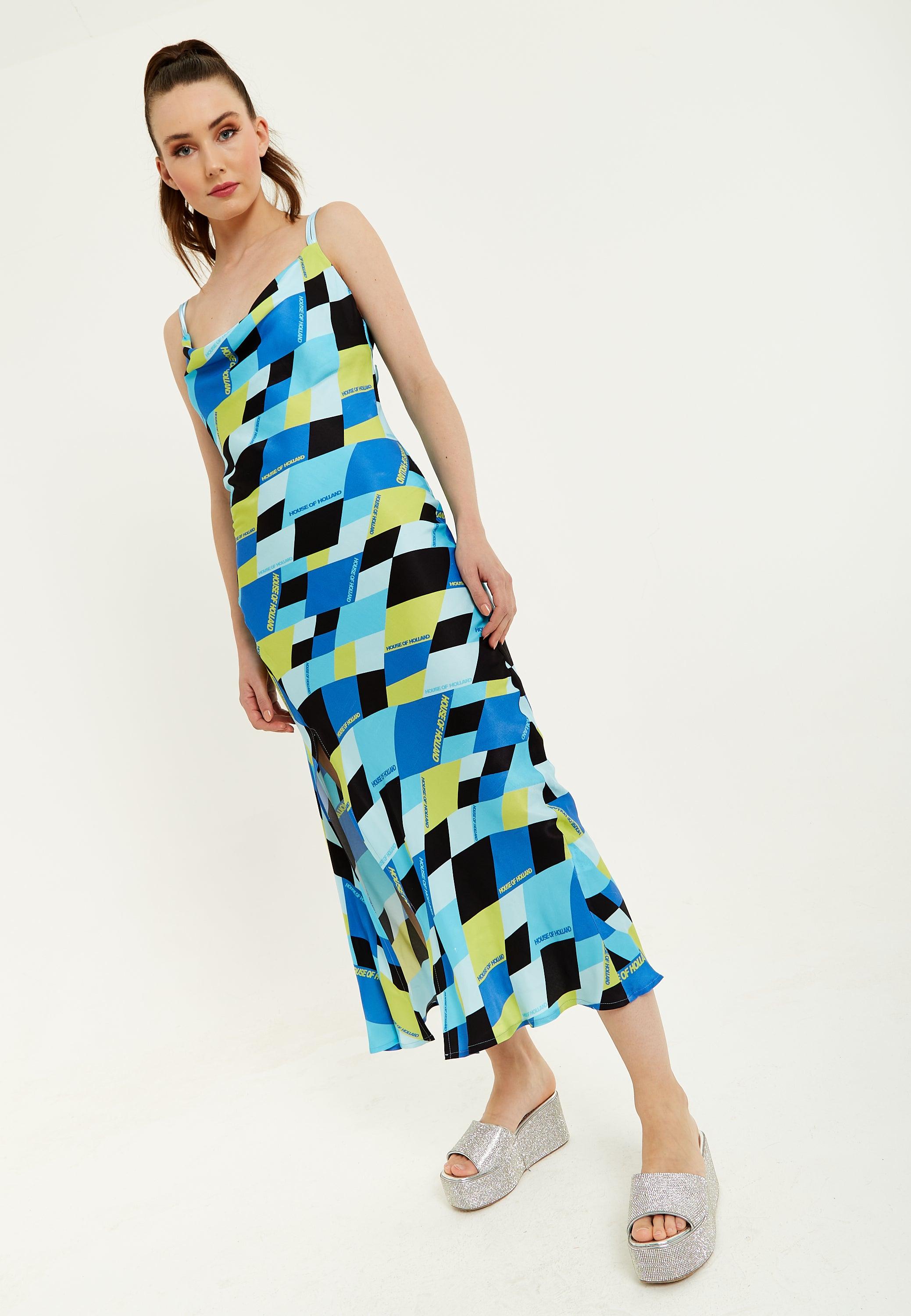 House of Holland Blue And Black Printed Midi Dress With Cowl Neck | Lyst