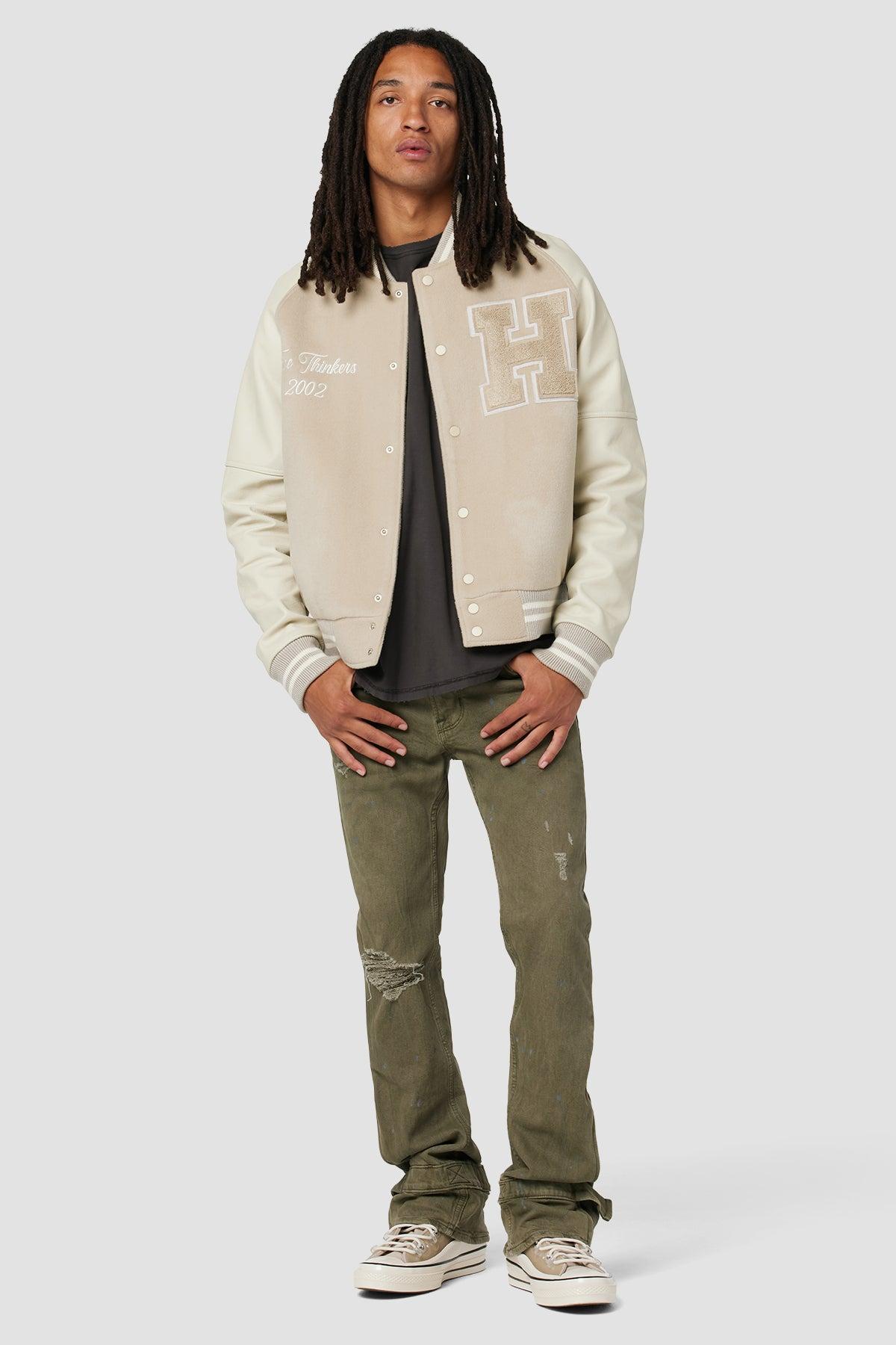 HUDSON OUTERWEAR REAL LEATHER BOMBER JACKET CREAM OFF WHITE MENS