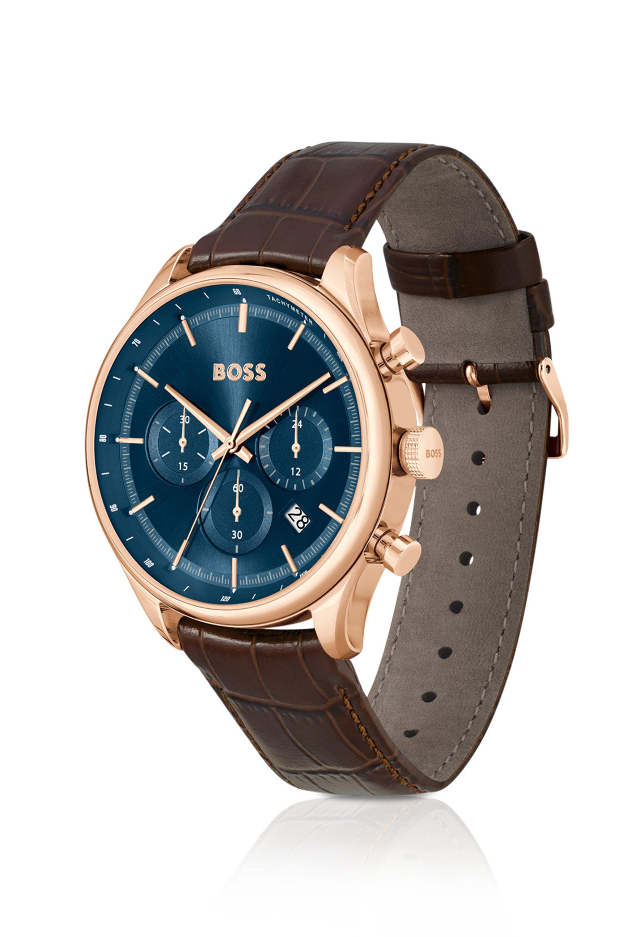 BOSS by HUGO BOSS Gold-tone Chronograph Watch With Brown Leather Strap in  Blue for Men | Lyst