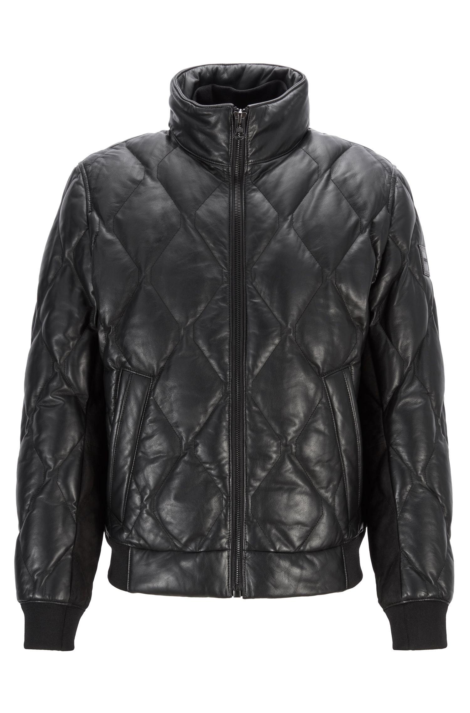 BOSS Quilted Bomber Jacket In Olive-tanned Leather in Black for Men - Lyst