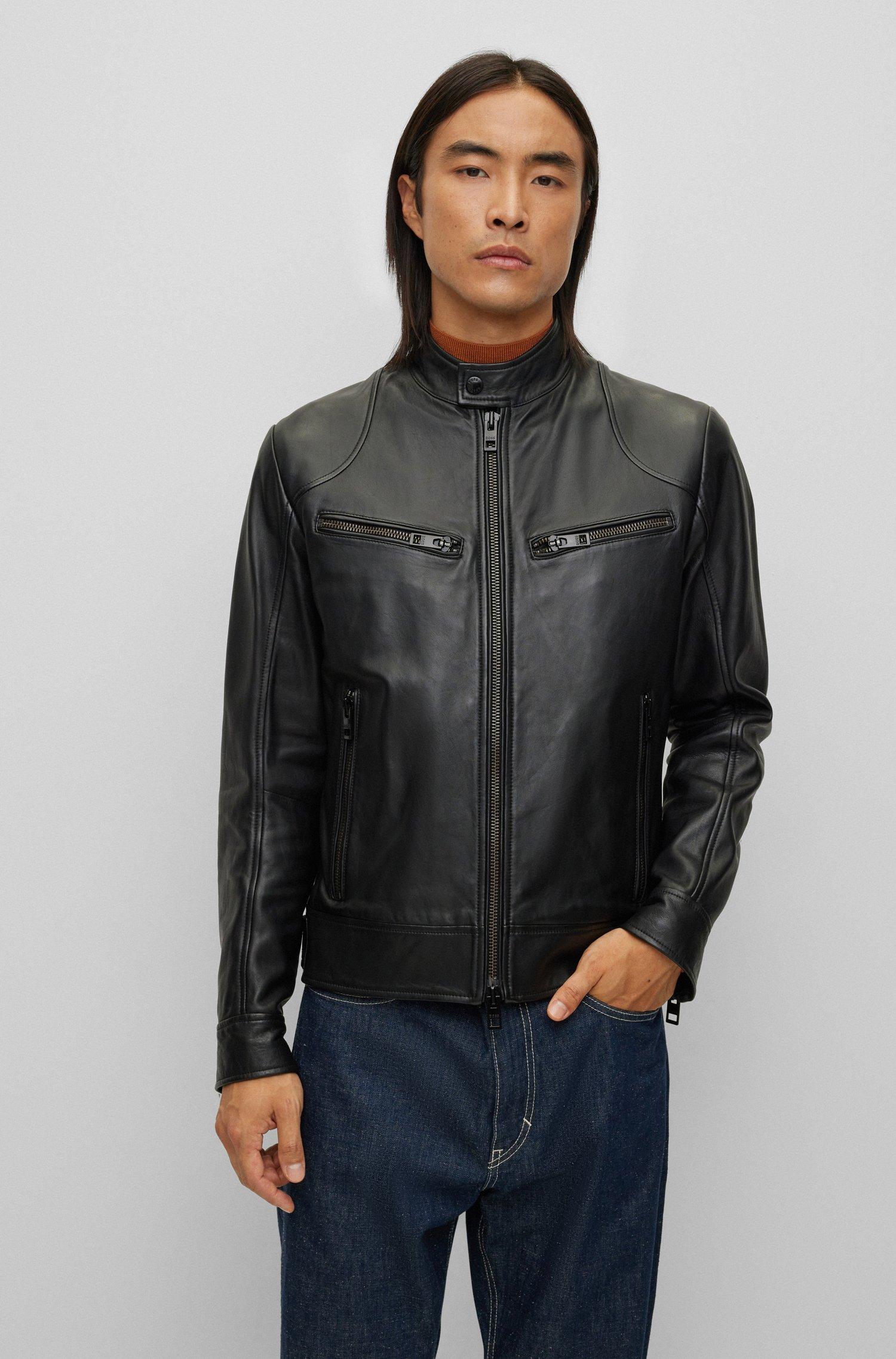 BOSS by HUGO BOSS Leather Biker Jacket With Chunky Zips in Black